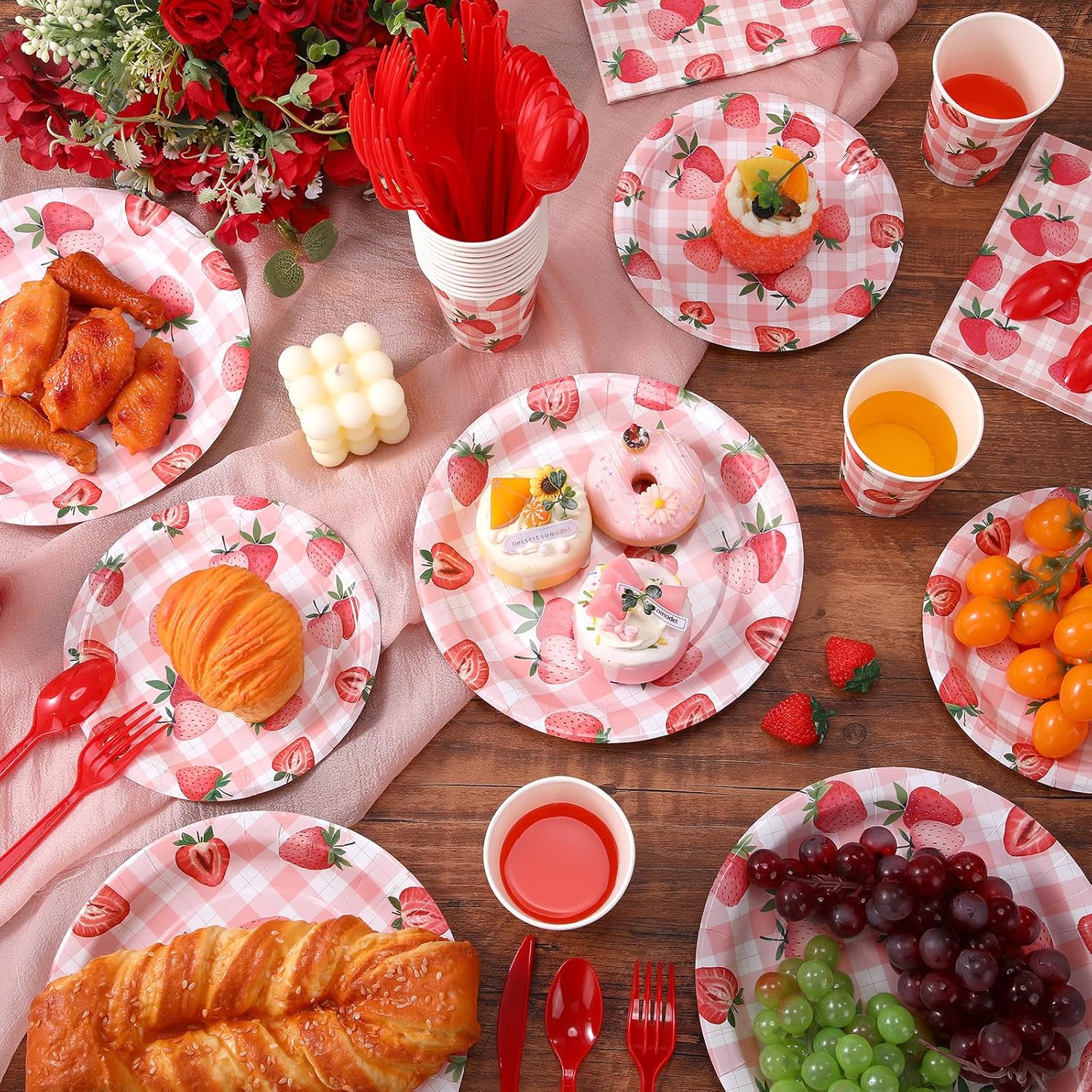 Ziliny 280 Pcs Strawberry Tableware Set Disposable Strawberry Paper Plates and Napkins Paper Cups Plastic Knives Forks Spoons for Baby Shower Berry Sweet Birthday Party Supplies, Serve 40