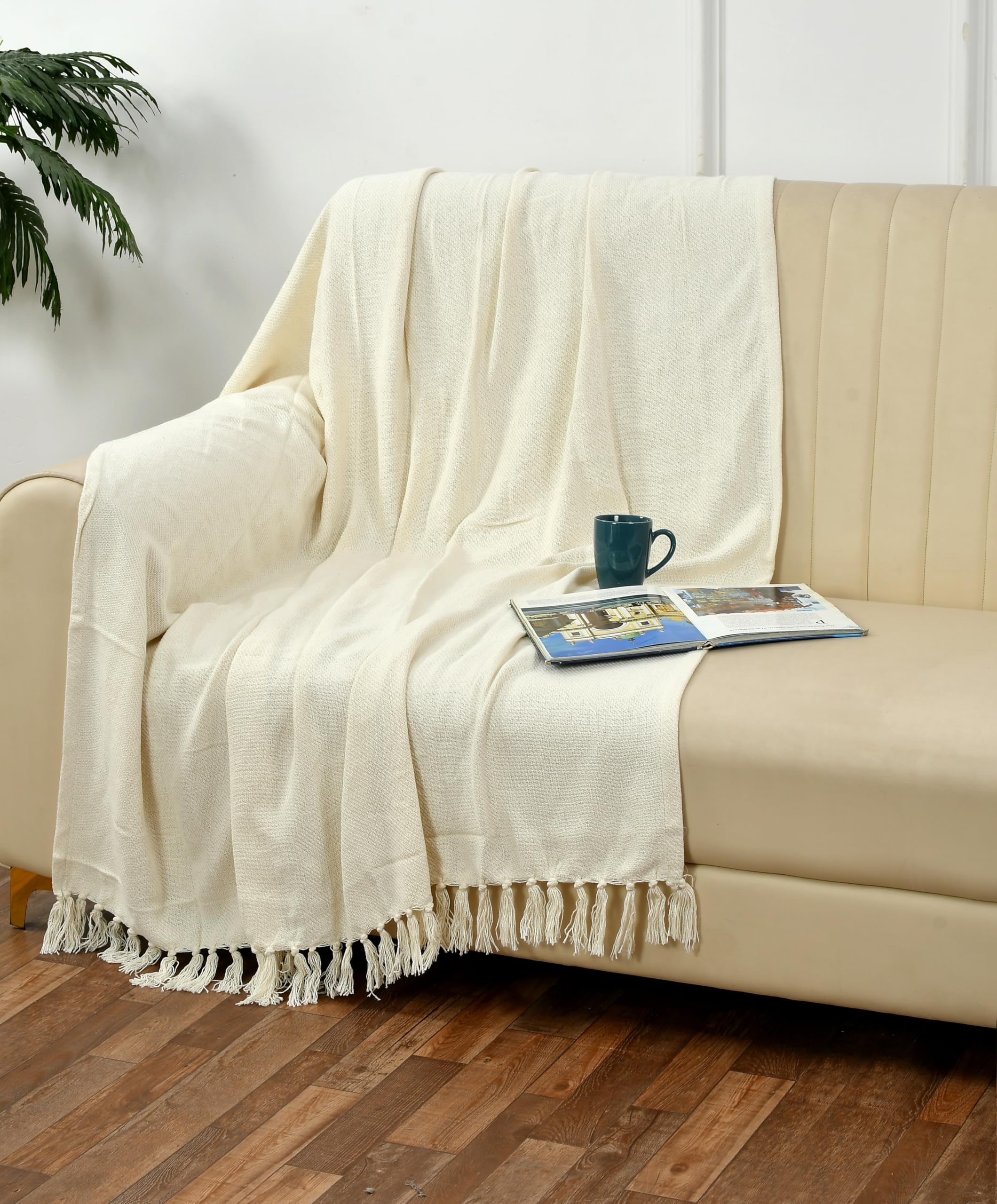 SASHAA WORLD Solid White Cotton Throw for Sofa | Ultra-Soft & Cozy Blanket | 100% Cotton | Decorative Fringed Couch Cover | 180 x 130 cm | Machine Washable-image-7
