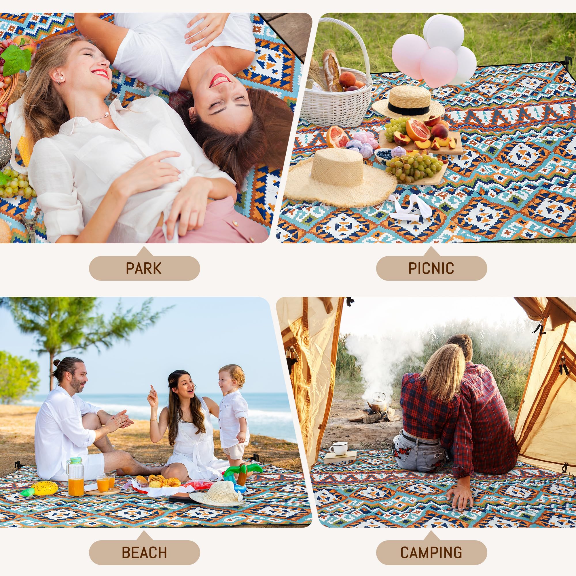 Gucass Manta de Picnic Impermeable 200 x 300cm, Boho Esterilla Playa Plegable Sin Arena Lavable a Máquina, Manta de Camping Grande para Exteriores, Camping, Playa, Parque, Festival y Picnic