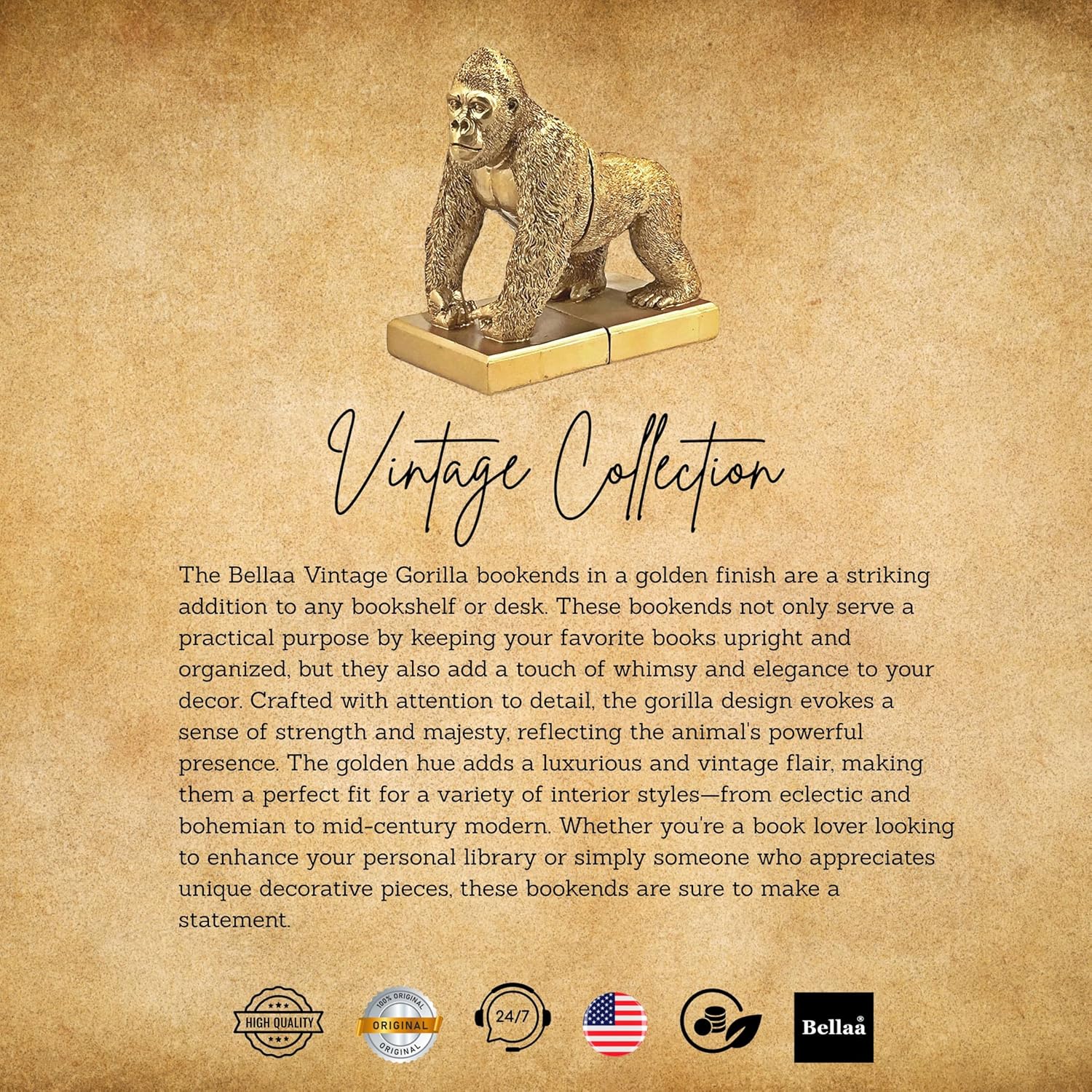 Bellaa Golden Decorative Bookends Gorilla King Kong Chimps Apes Animal Sculptures Vintage Book Ends Holder Shelves Stoppers Support Non Skid Heavy Duty