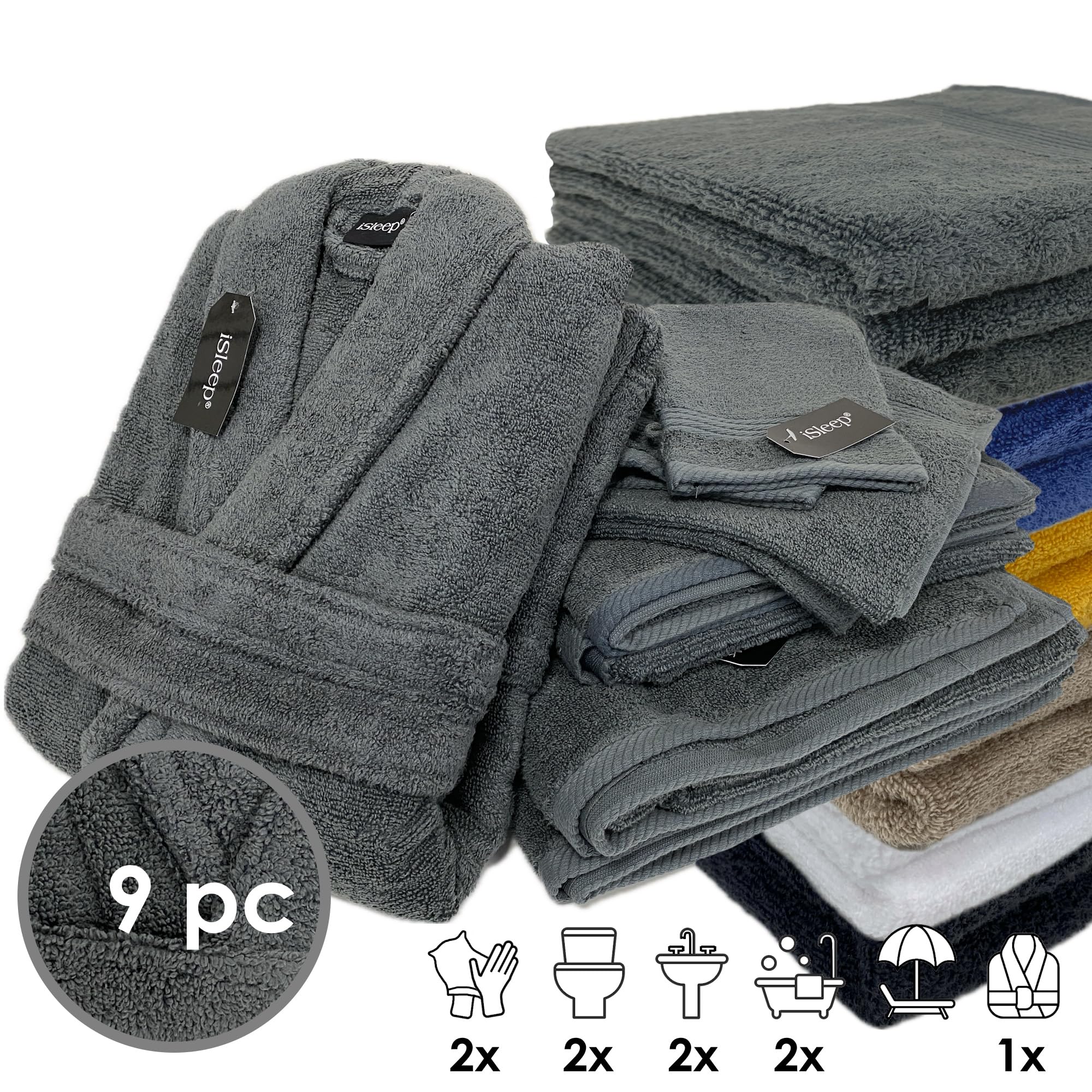 iSleep Set di 9 Asciugamani, 2 Guanti, 2 Teli da Bagno, 1 Accappatoio (Antracite, Extra Large), iSleep-Set9Bath