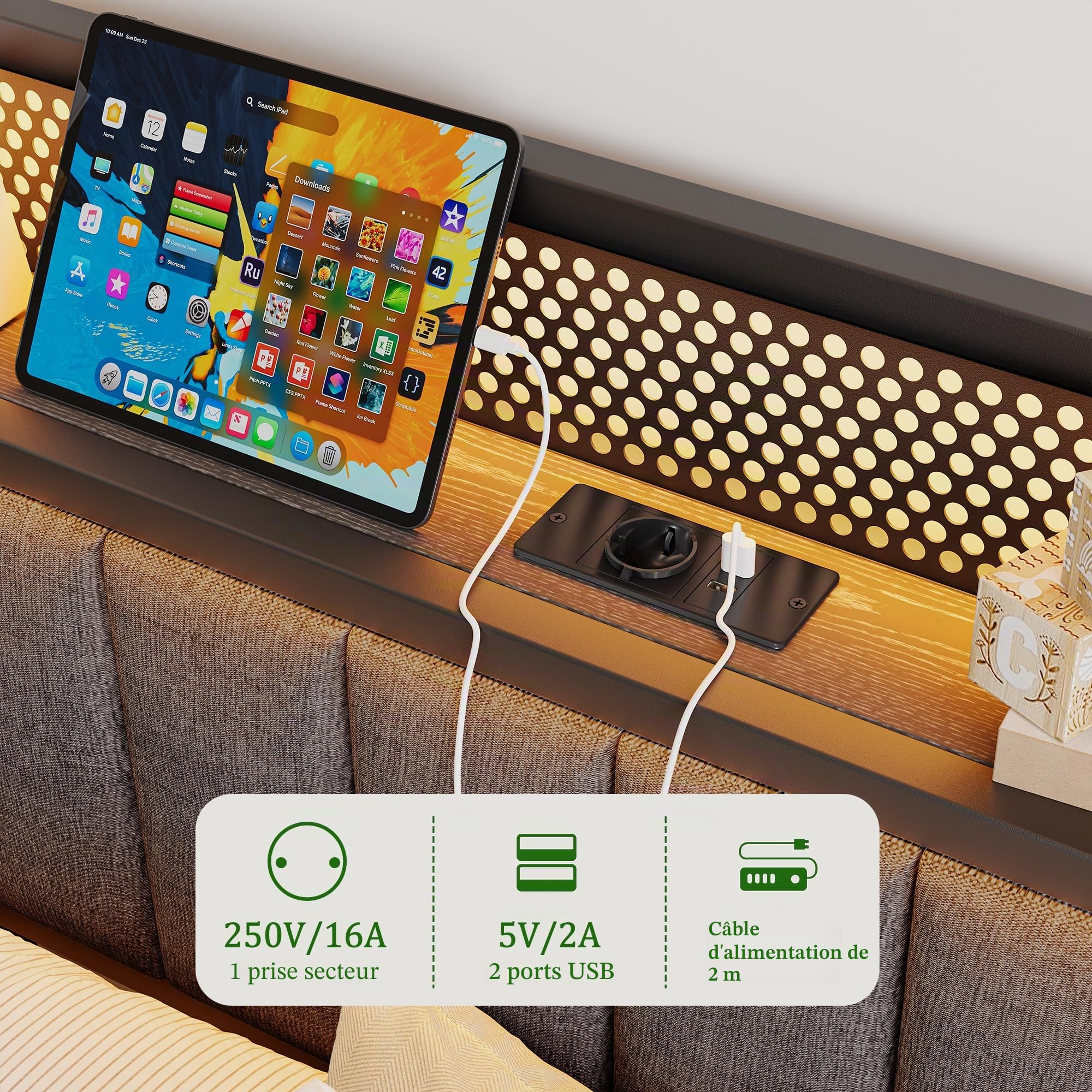 Cadre de lit simple avec LED, station de charge et sommier à lattes, tête de lit, en métal, 90 x 200 cm, gris