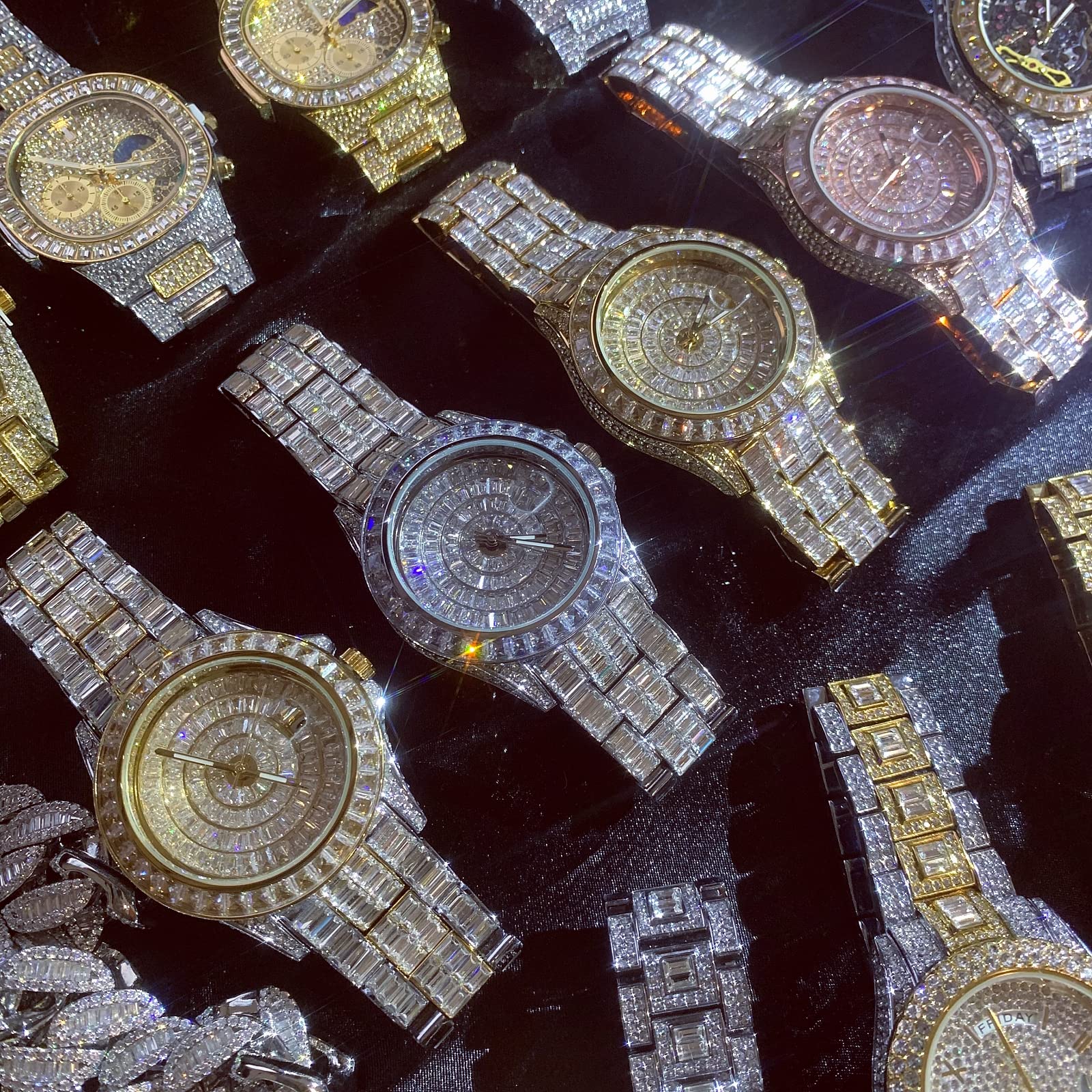 ICEDIAMOND Reloj de Pulsera de 42 mm con Diamantes de circonita cúbica, Chapado en Oro con Piedras de circonita Brillante y Esfera Redonda, Reloj de Cuarzo para Hombre, Mezclado, 42 mm