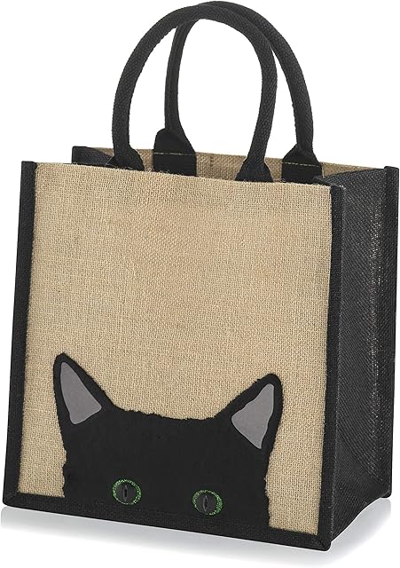 Jute Black Trim Shopping Bag - Peek a Boo Cat - 30 cm high x 30 cm Wide x 20 cm Depth (Medium)