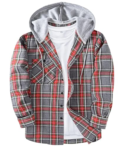 Men's Flannel Hoodie Shirts Casual Button Down Plaid Shirt Jackets