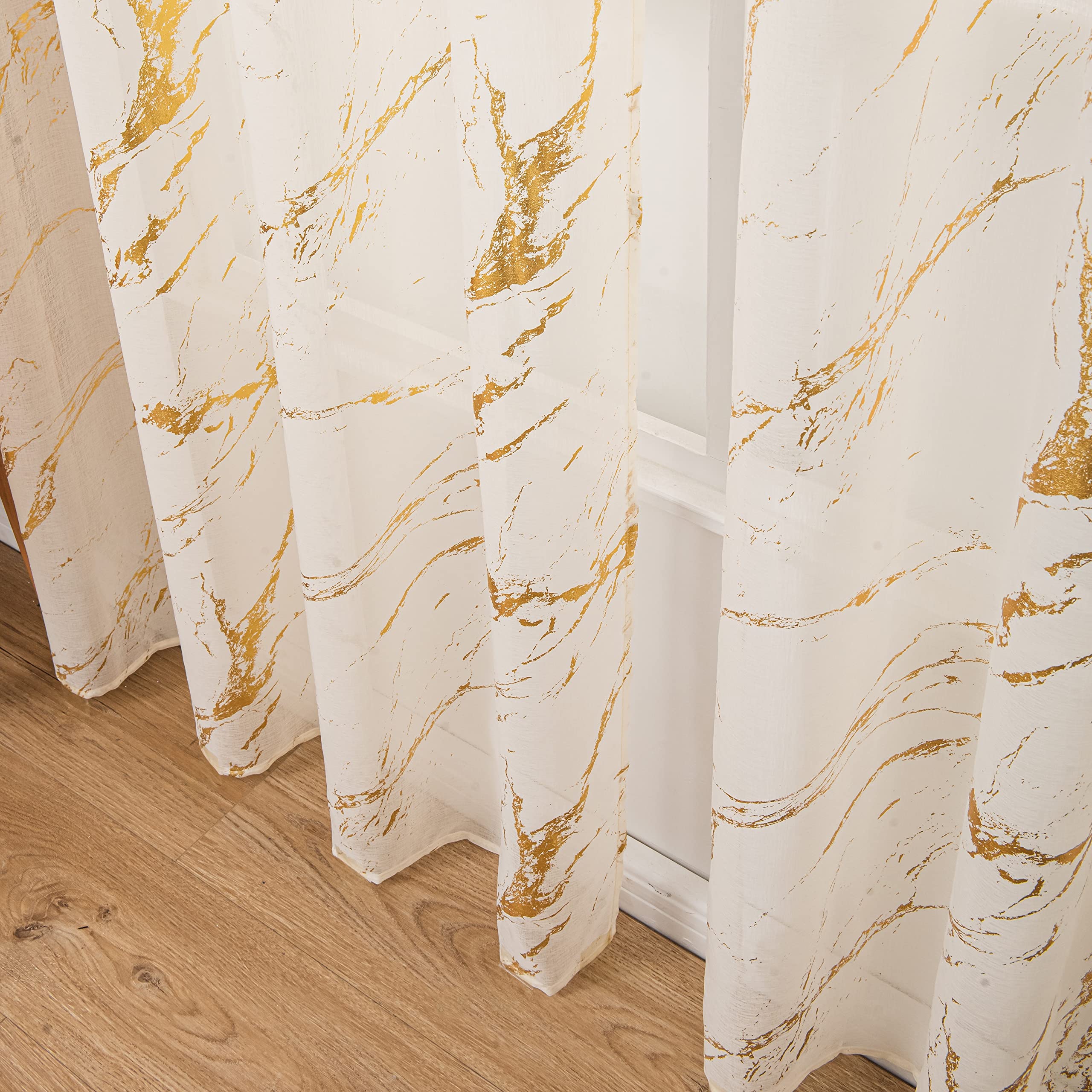 Lot de 2 Rideaux Transparents dorés de 243,8 cm de Long, Rideaux avec Passe-Tringle pour Chambre à Coucher, Salon, décoration de Noël, Traitement de fenêtre à imprimé marbre en Feuille d'or