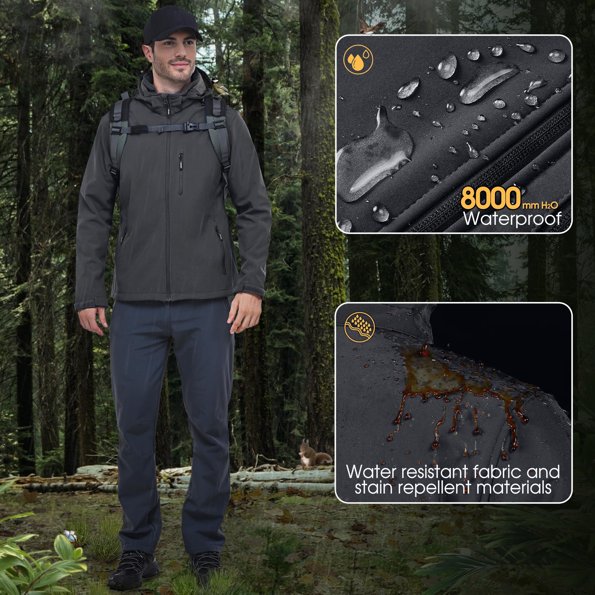 Outdoor Ventures Kurtka męska, wodoszczelna, oddychająca kurtka softshellowa – wiatroszczelna kurtka przeciwdeszczowa kurtka funkcyjna z odpinanym kapturem