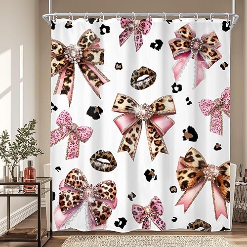 Cortina de ducha con lazo con estampado de leopardo, de 60 pulgadas de ancho x 72 pulgadas de largo, estilo retro, marrón, guepardo, perla y perla,