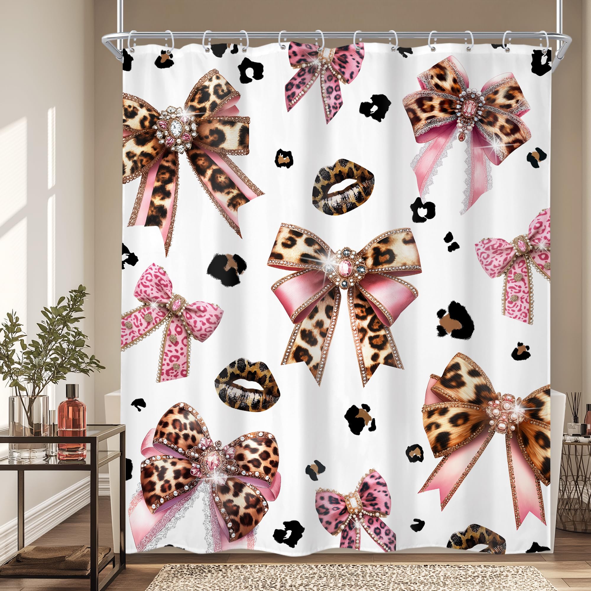 Newsely Leopard Print Bow Shower Curtain 60Wx72L Inch Bownot Retro Brown Cheetah Gemstone Pearl Fashion Girly Vintage Bathroom Set Modern Waterproof Bath Decoration Accessories Home Decor — image 1