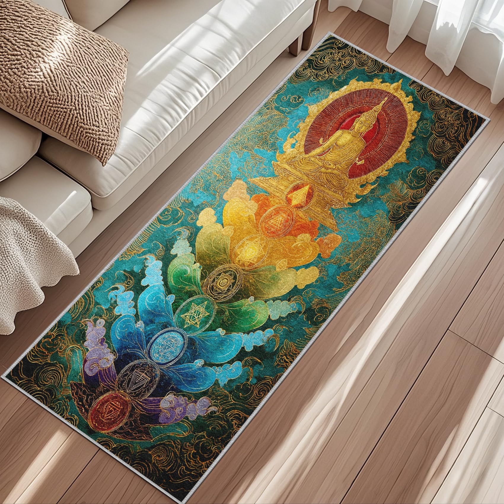 Tapis Bouddha Doré Lavable pour Éviter les Glissades dans le Couloir