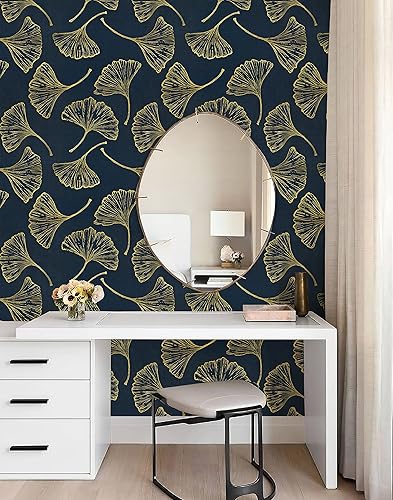 Miniatura 6 de Papel tapiz adhesivo blanco y dorado para armarios, papel adhesivo extraíble para dormitorio, baño, revestimiento de paredes de hojas de ginkgo,