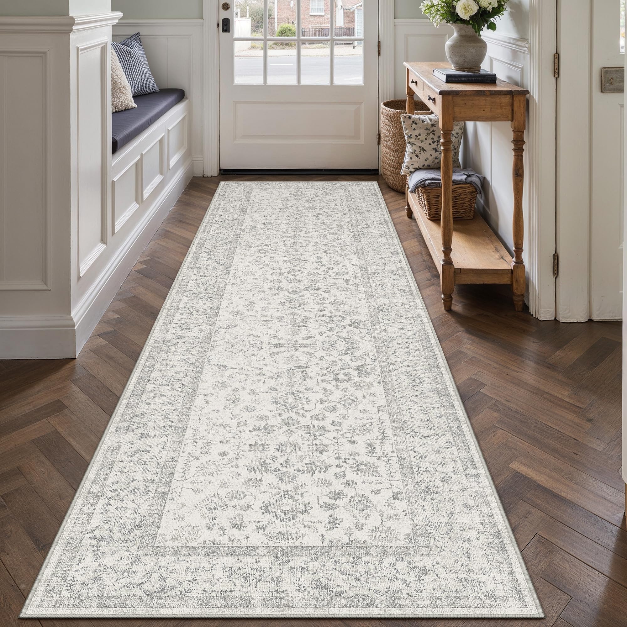PureCozy Grey Runner Rugs for Hallway 80x300cm Long Vintage Floral Area Rug Washable Non Slip Bobo Lounge Bedroom Kitchen Bedside Office Corridor Indoor Bathroom Carpet Dining Living Room