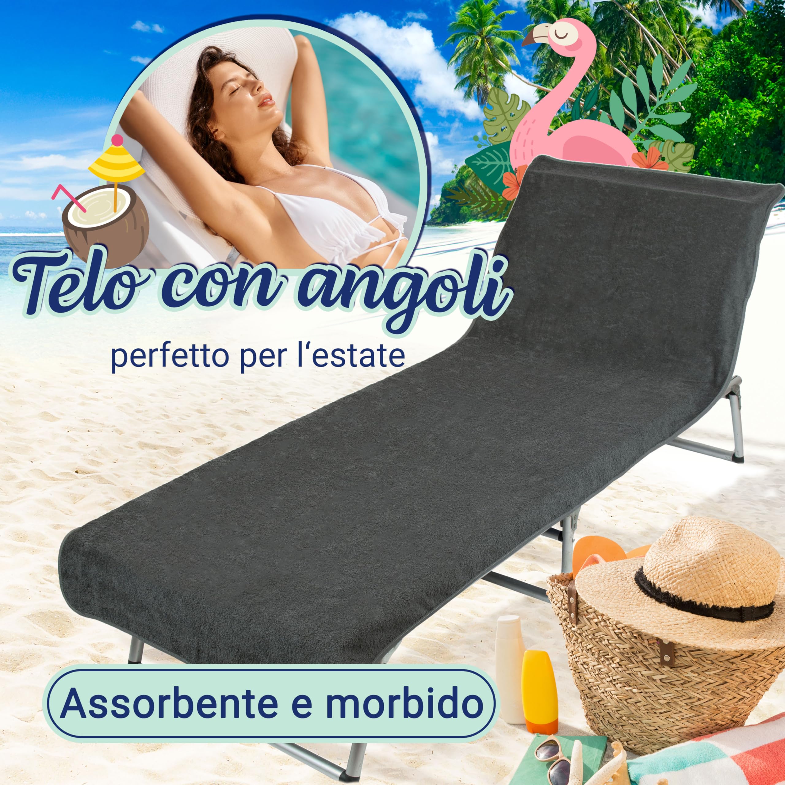 ZOLLNER Telo mare lettino con angoli 75x215 cm Asciugamano da spiaggia grigio scuro Super morbido Assorbente Cotone Certificato Oeko-Tex