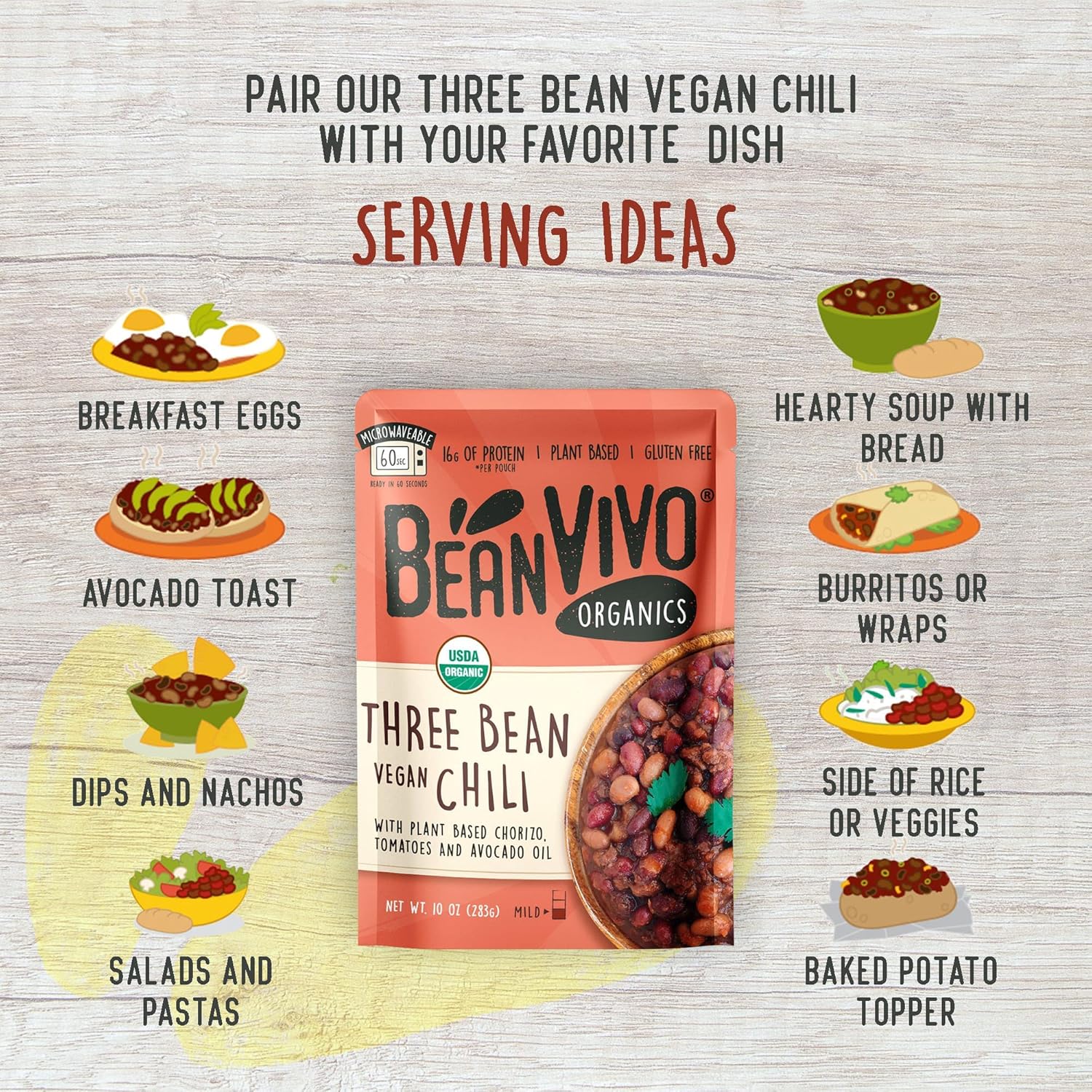 BeanVIVO (Pack of 6) Organics 16g Plant based Protein Three Bean Vegan Chili - Good Source of Fiber - Nutritious & Microwave Meal - Gluten-Free Plant Food - 10 OZ
