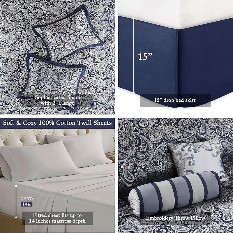 Madison Park Jacquard Queen Comforter Set with Cotton Sheets, Navy, 12pc image 4