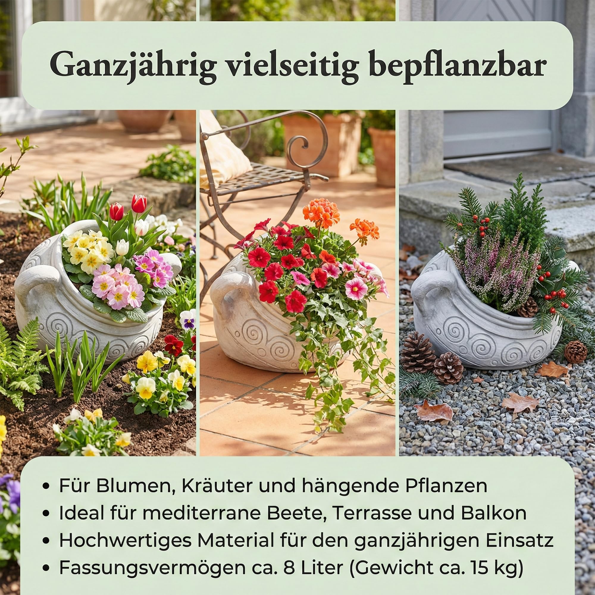 gartendekoparadies.de Garten Amphore Pflanzgefäß aus Steinguss, Pflanzamphore mit Spiralrelief, 30 cm Höhe, grau, frostsicher für Außenbereich