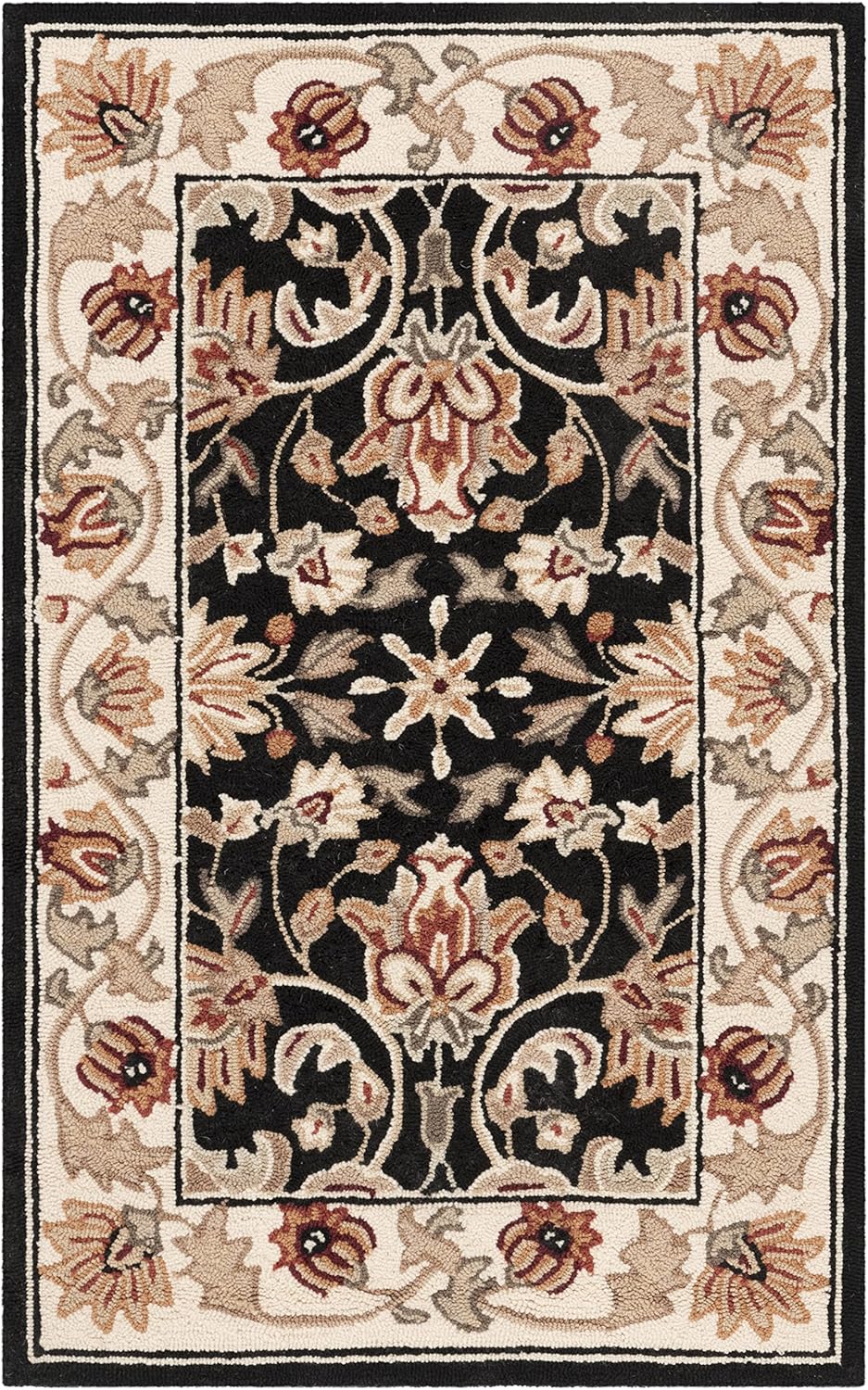 Black and Ivory Floral Hand-Hooked Rectangular Area Rug