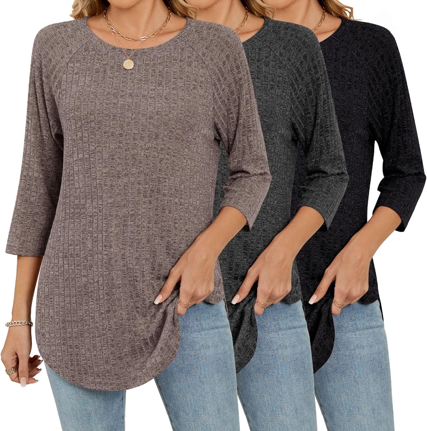 Riyiper 3 Pack Women's 3/4 Sleeve Crew Neck Tunic Tops, Raglan Sleeve Ribbed Curved Hem Side Split T-Shirts Loose Pullovers