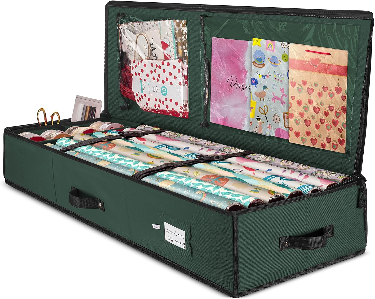 ZOBER Wrapping Paper Storage Containers - 40 Inch Gift Wrapping Organizer Storage W/Interior Pockets - Fits 20 Standard Rolls of Wrapping Paper, Bows, and Ribbons Green