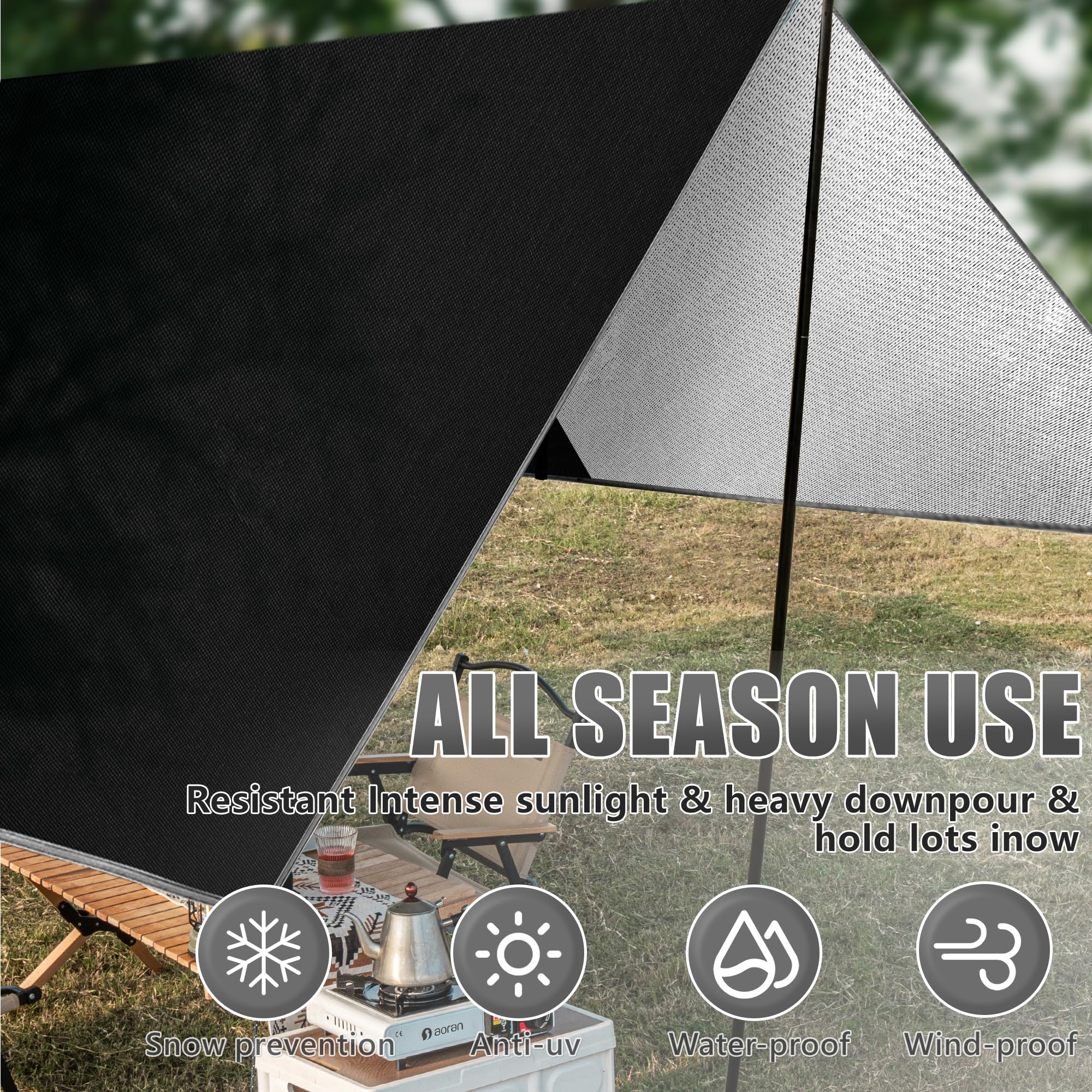 IEE ILULU Toldo de Refugio Camping, 3x3m Tiendas de Campaña, Tarp Impermeable Exterior, Anti-Viento Toldos con 6 Estacas y 6 Cuerdas para Piscina Jardín Pesca Senderismo Mochila (Negro, 3x3m)