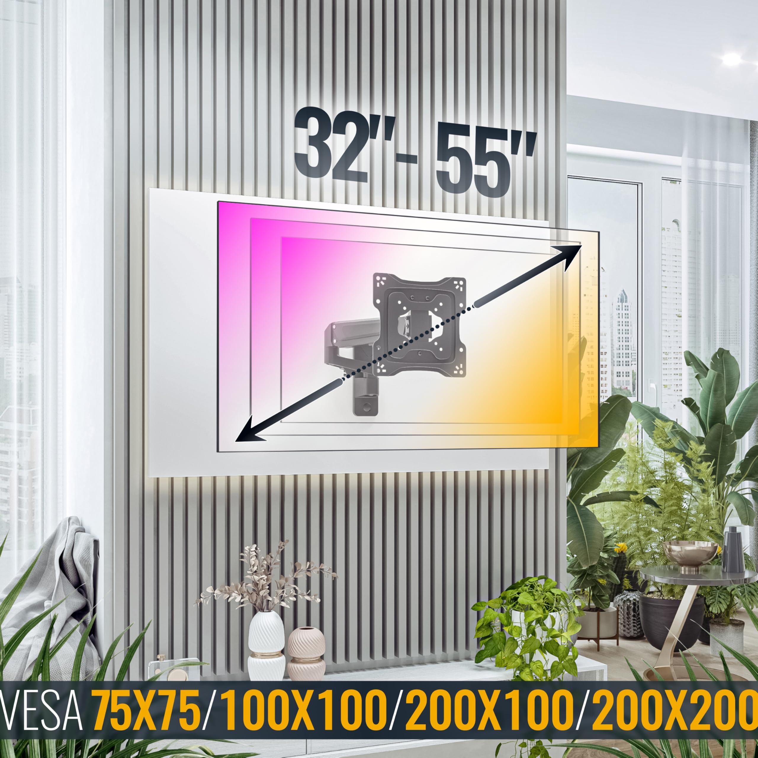 RICOO TV Wandhalterung Fernseher Halterung Gasfeder Schwenkarm für 32-55 Zoll Fernsehhalterung für Wand S4422 Höhenverstellbar Schwenkbar Neigbar Flach Curved Fernseh-Arm bis 23-Kg & VESA 100 & 200