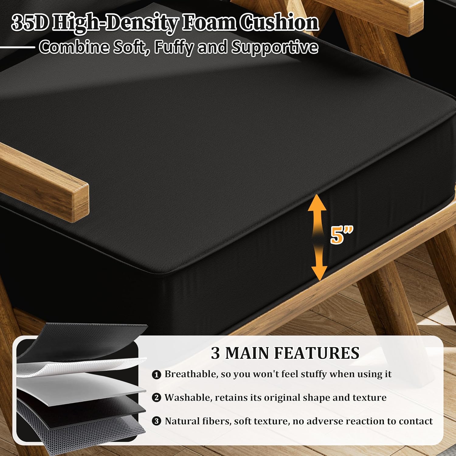 Outdoor Seat Cushion Set 24 L × 24 W × 5 H Inch Waterproof & Fade Resistant Patio Furniture Cushions with Removable Cover with Handle and Straps for Sofa Chairs, Chairs, Black
