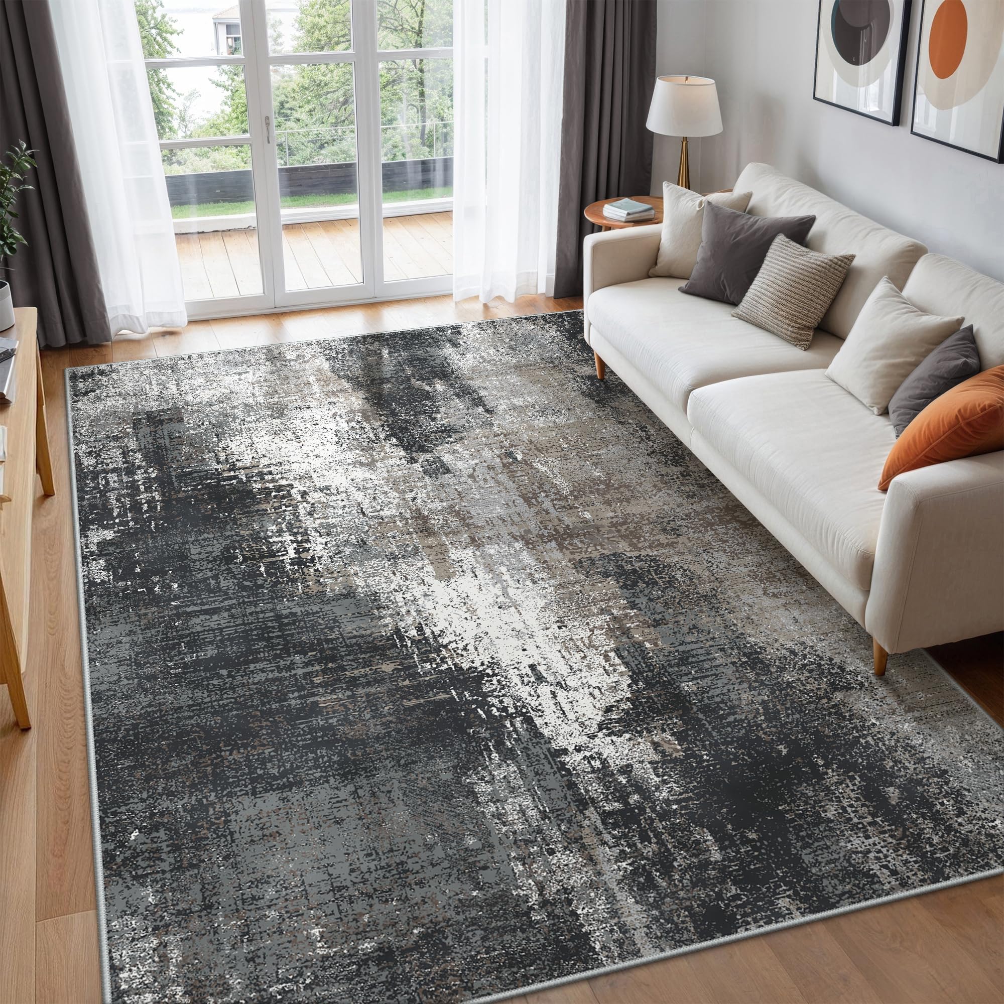 Large Washable Rugs Living Room 160x230cm, Abstract Area Rugs for Bedroom Soft Short Pile, Machine Washable Rug Non-Slip Rugs for Living Room, Dining Room, Carbon Grey & Brown