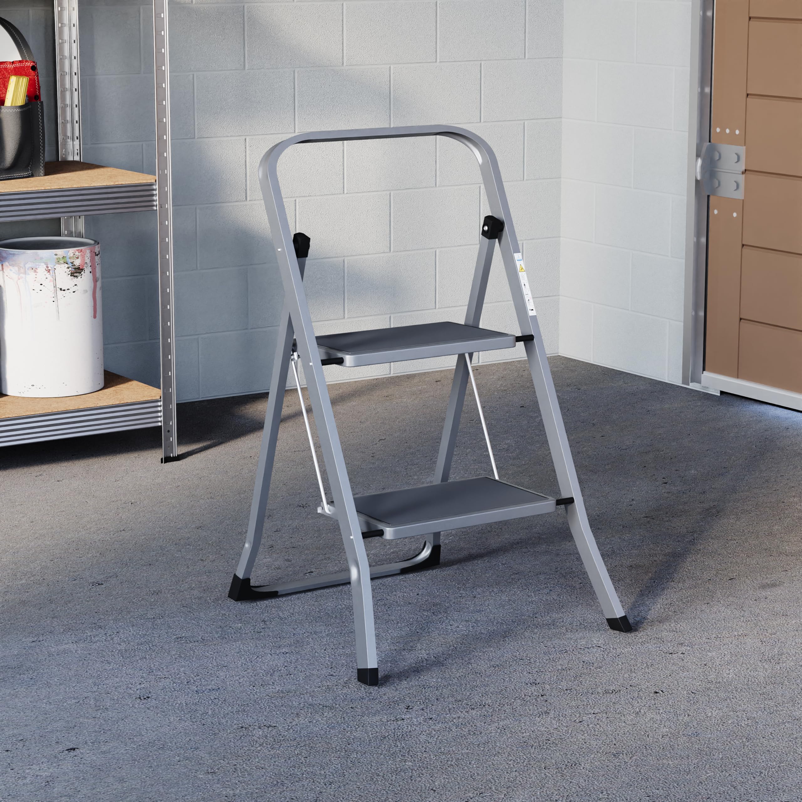 Home Vida 2 Step Ladder, Heavy Duty Steel Folding Ladder with Slip-Resistant and Wide Steps, Folding Mechanism