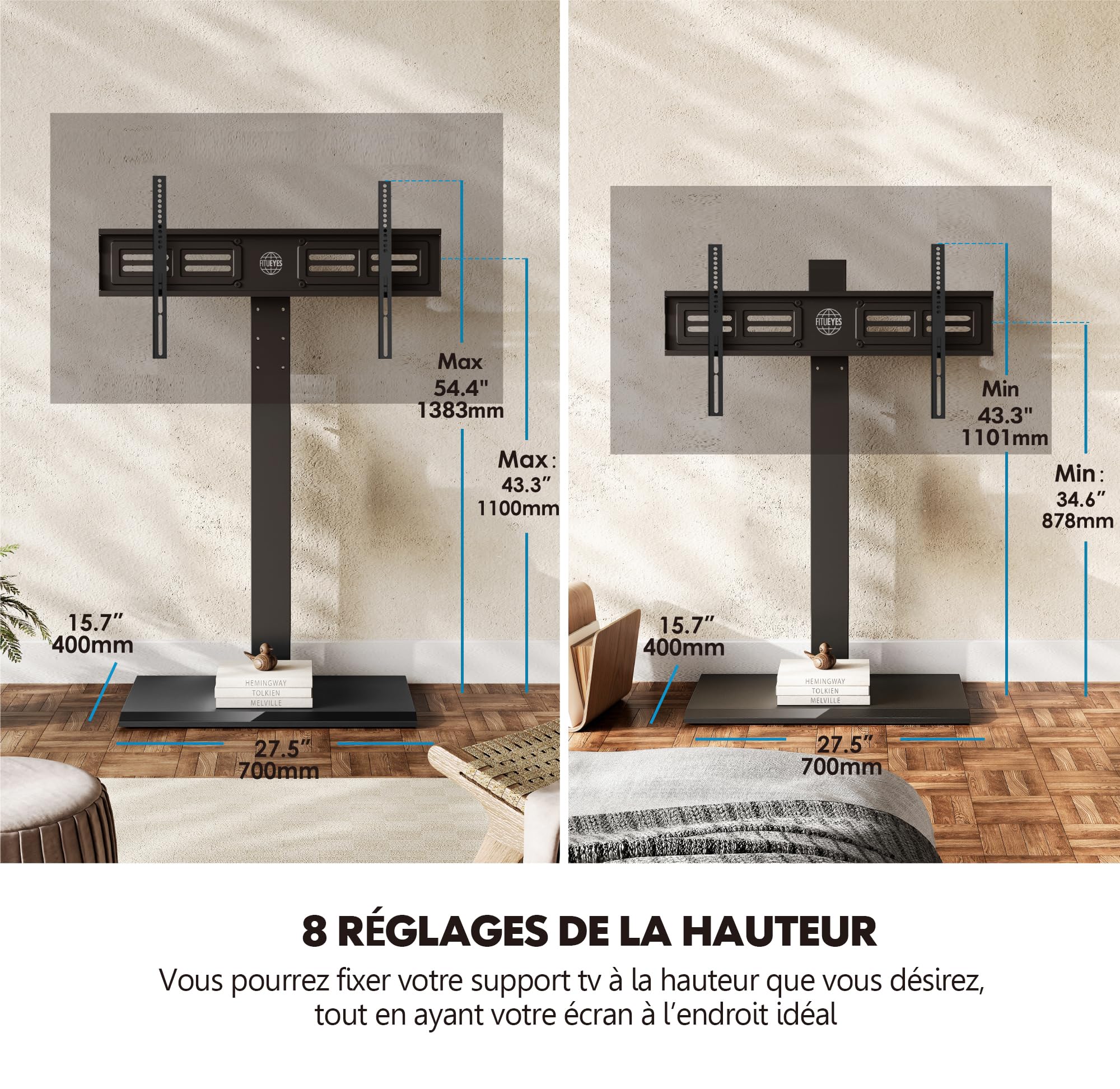 FITUEYES Support TV sur Pied, en Fer, 50-80 Pouces, VESA 800 x 400 mm | Pied TV, pour Salon, Chambre et Bureau, 8 Réglages en Hauteur, Pivotant 70°, Charge Maximale 50 kg