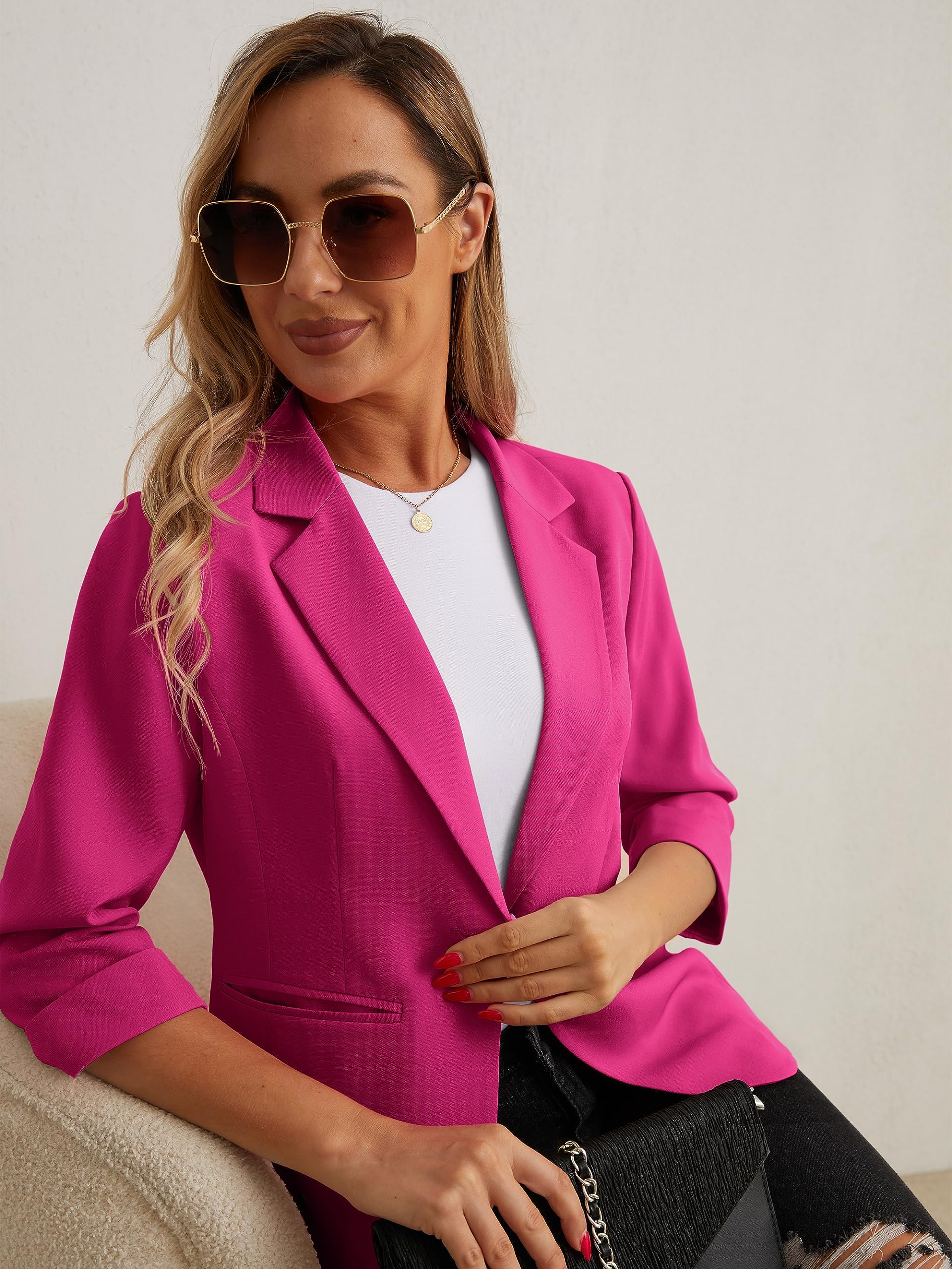 GRECERELLE Blazer élégant à manches 3/4 pour femme - Veste décontractée pour le travail - Blazer de bureau - Veste de costume et blazers avec poches et bouton pour femme