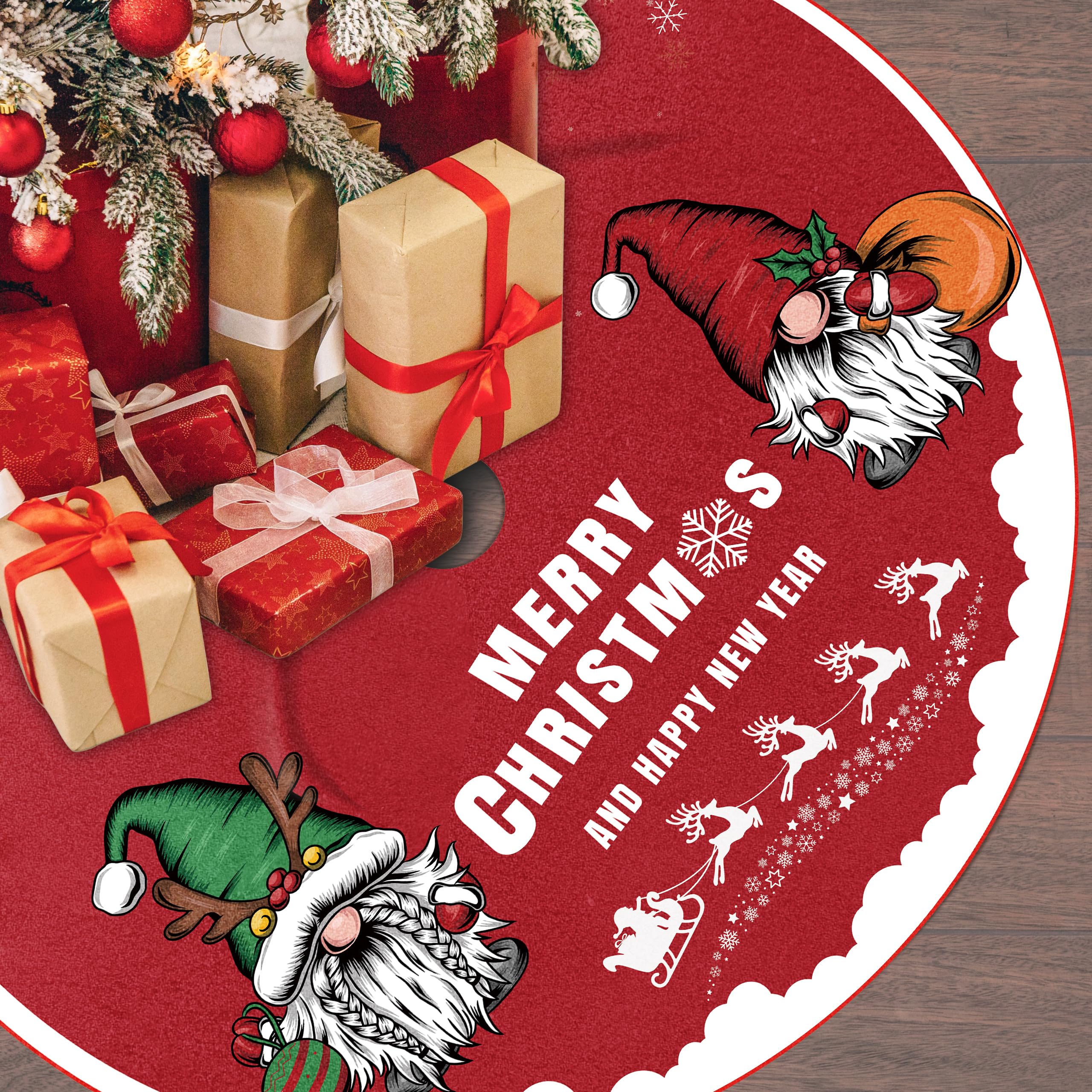 Christmas Tree Skirt Tree Skirt 30 INCH Large Snowflake Reindeer Christmas Gnome Red Xmas Tree Skirt Rustic Christmas Tree Decorations Holiday Party Decorations Indoor Outdoor Tree Mat Decoration
