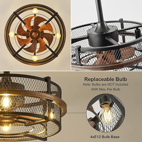 Miniatura 4 de Ventiladores de techo enjaulados con luces y control remoto, ventiladores de techo de granja de 19 pulgadas con luces, ventilador de techo al aire