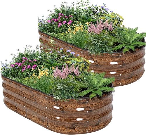 Galvanized Raised Garden Bed, 4x2x1ft, 2 Pack, Wood Grain Brown | Outdoor Oval Metal Garden Planter Box, Bottomless, Safety Edging, Includes Gloves, for Vegetables Fruits Flower and Herbs