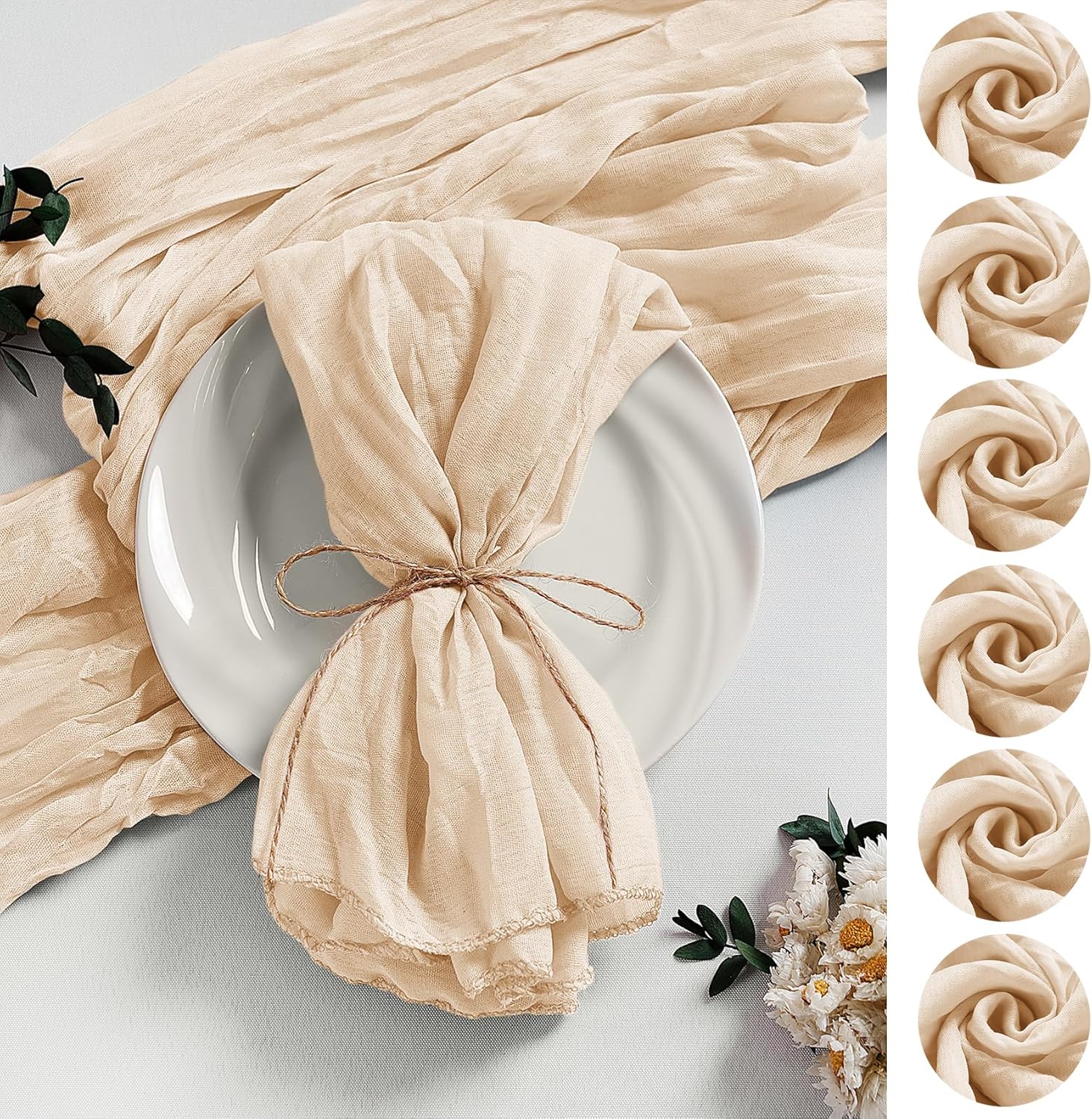 LZY 60 Pack Gauze Cheesecloth Napkins 20x20 Inch Dinner Cloth Napkins, Soft Boho Table Napkins Rustic Wrinkled Cheese Cloth Napkins Bulk for Wedding Party Baby Shower Event Decor (Ivory)