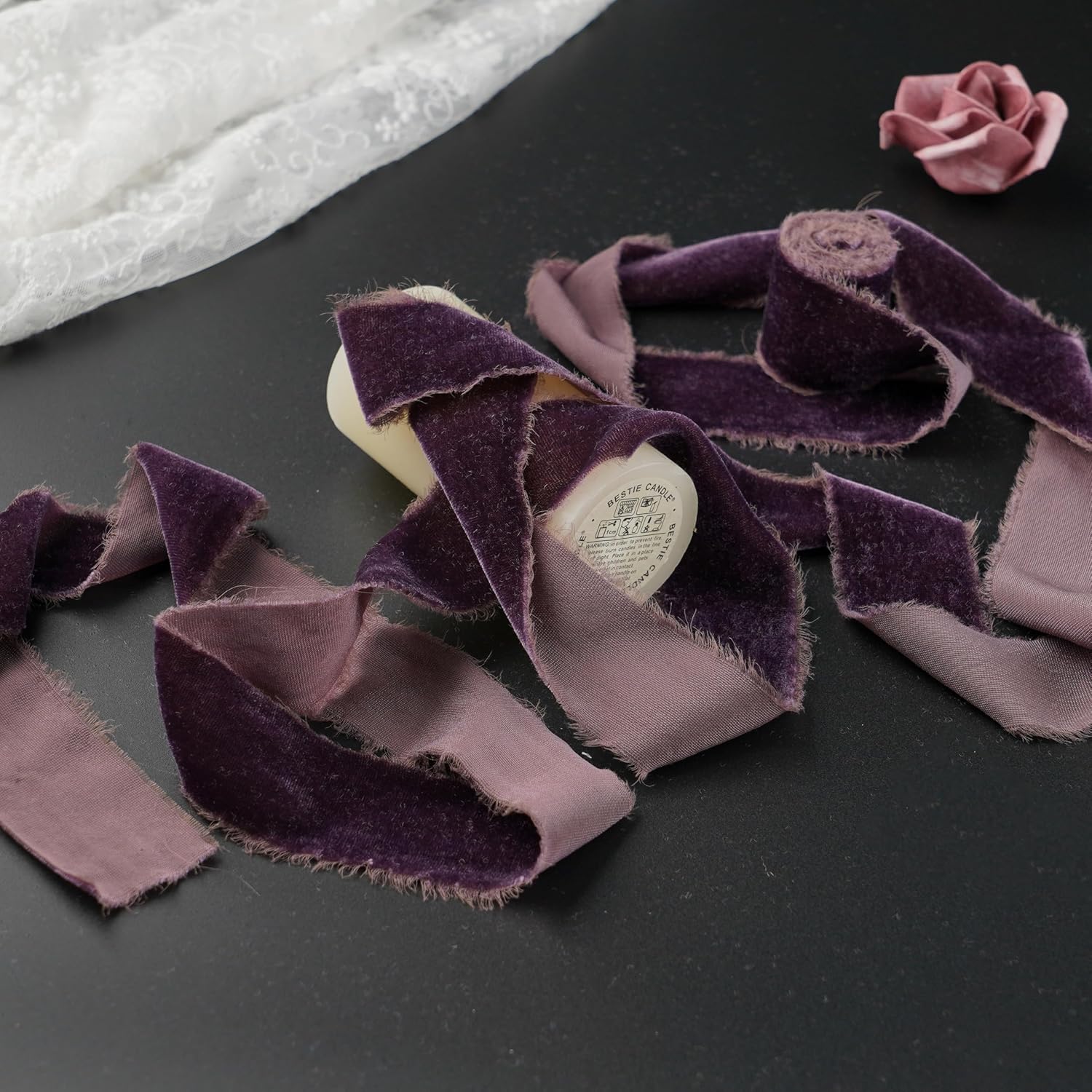 Plum Mauve Purple Velvet Ribbon 1.5 Inch x 3 Yards | Frayed Raw Edge, Gift Wrapping, Wedding Invitations, Bridal Bouquet, Christmas Tree Decor