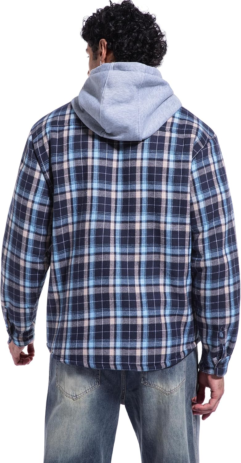 IVUMA Men's Cotton Plaid Long Sleeve Shirts Jacket Fleece Lined Flannel Shirts Sherpa Button Down Coat with Hood