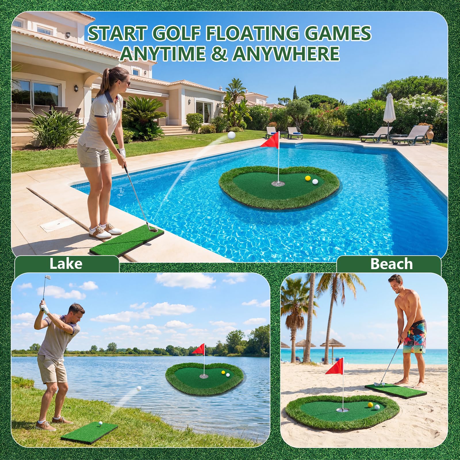 Wekin Tapis de golf flottant vert 88,9 x 71,1 cm pour piscine et lac, entraînement de golf intérieur et extérieur, jeu d'entraînement de golf dans le jardin et excellent cadeau pour homme