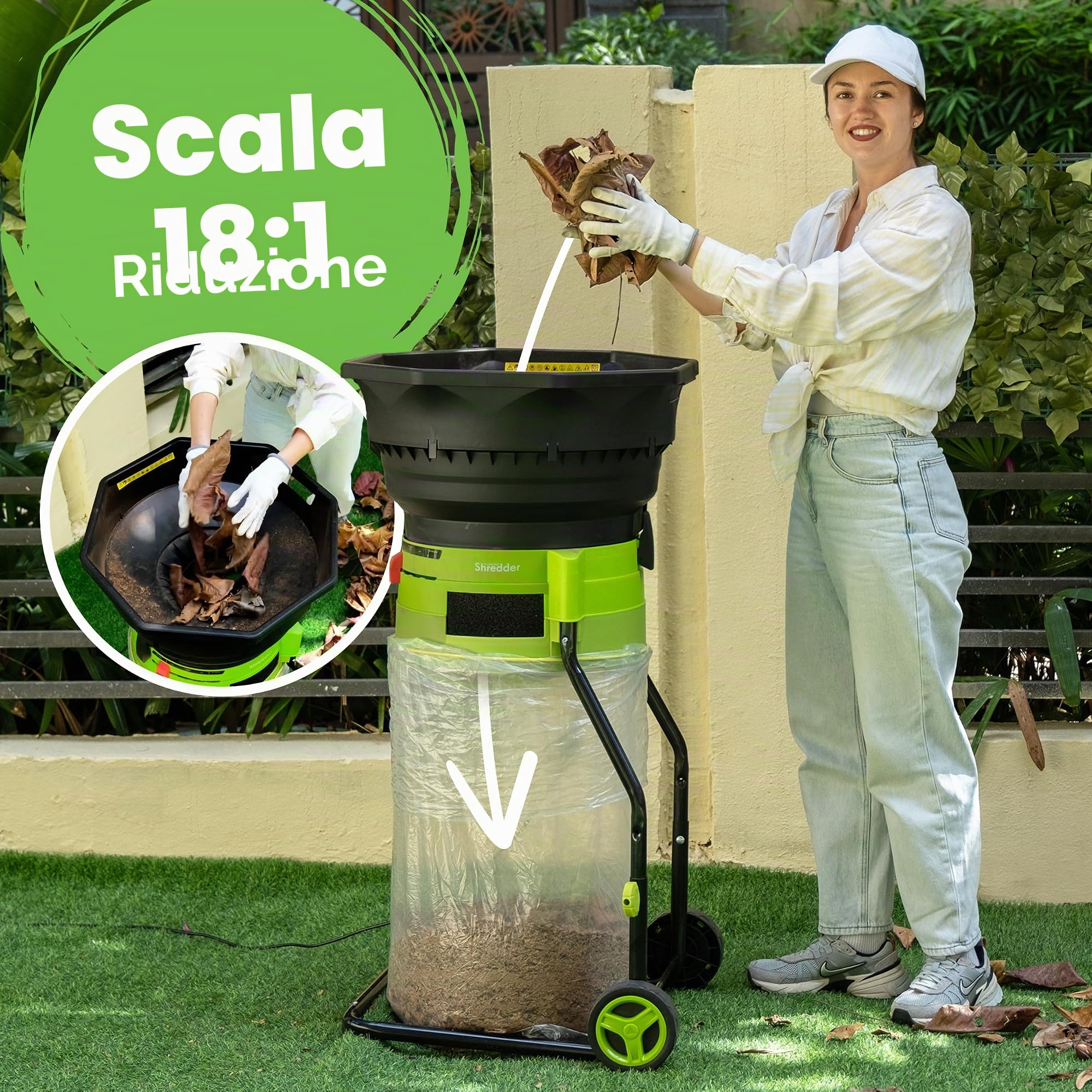 GreenSweep XL trinciafoglie e pacciamatore senza lama | Potente motore da 15 Amp, 9.000RPM per rapporto di riduzione 18:1