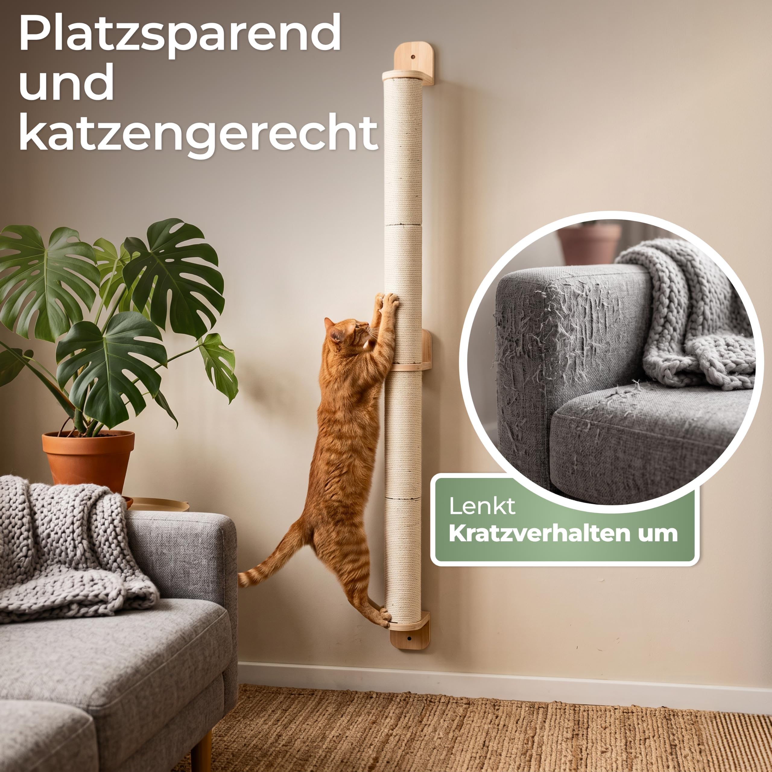WOOWOOD Kratzsäule XXL 154 cm, Kratzstamm Wandmontage, Natursisal