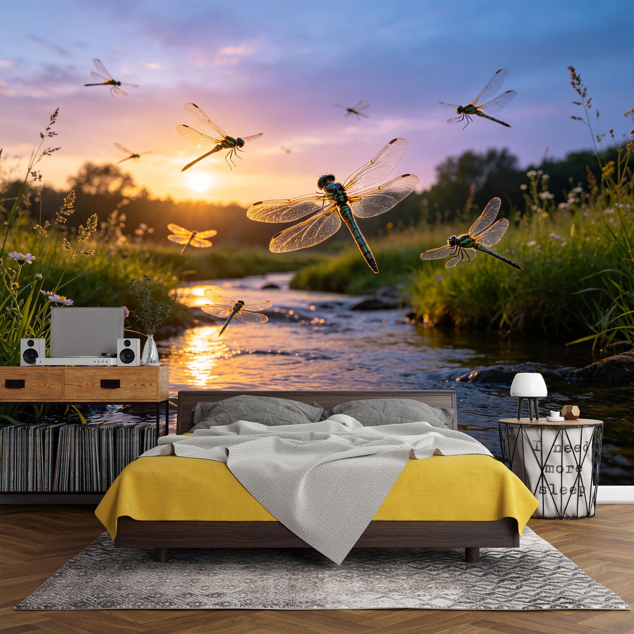 Custom Size Wall Mural， Landscape Dragonfly River Sunset Meadow Nature Scene， SelfAdhesive Art Prints wall Fabric (No PVC) Removable Wallpaper Living Room Decor