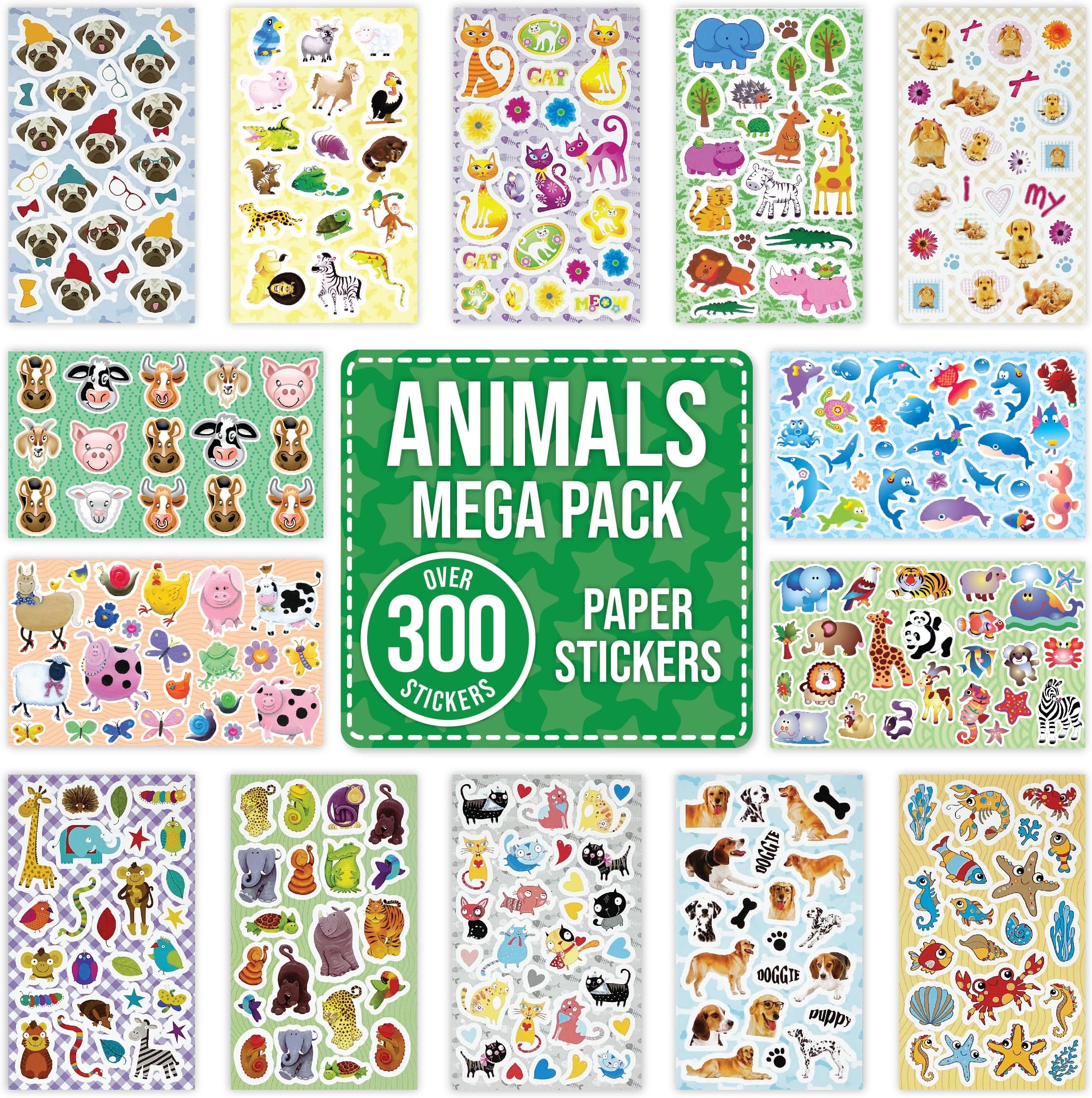 Animal Stickers for Children to Scrapbook, Craft, Decorate - Over 300 Self Adhesive Paper Stickers 14 Designs - Party Bag Fillers for Kids, Teacher Rewards - Dogs, Cats, Farm, Zoo, Rainforest