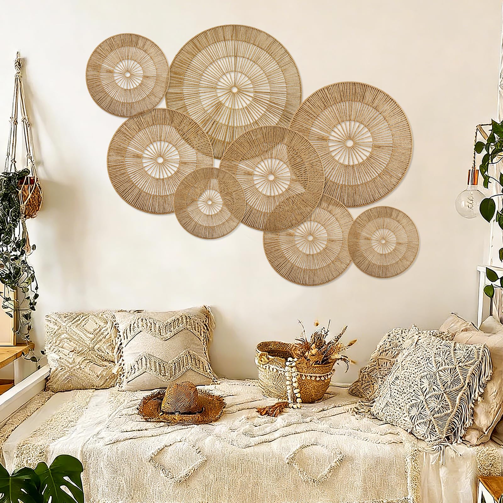 YIYA Set da 8 Decorazioni Murali Boho Cesti Murali Rotondi in Rattan Intrecciati a Mano, Arte Murale Sospesa in Rattan per Soggiorno Casa di Campagna e Camera da Letto