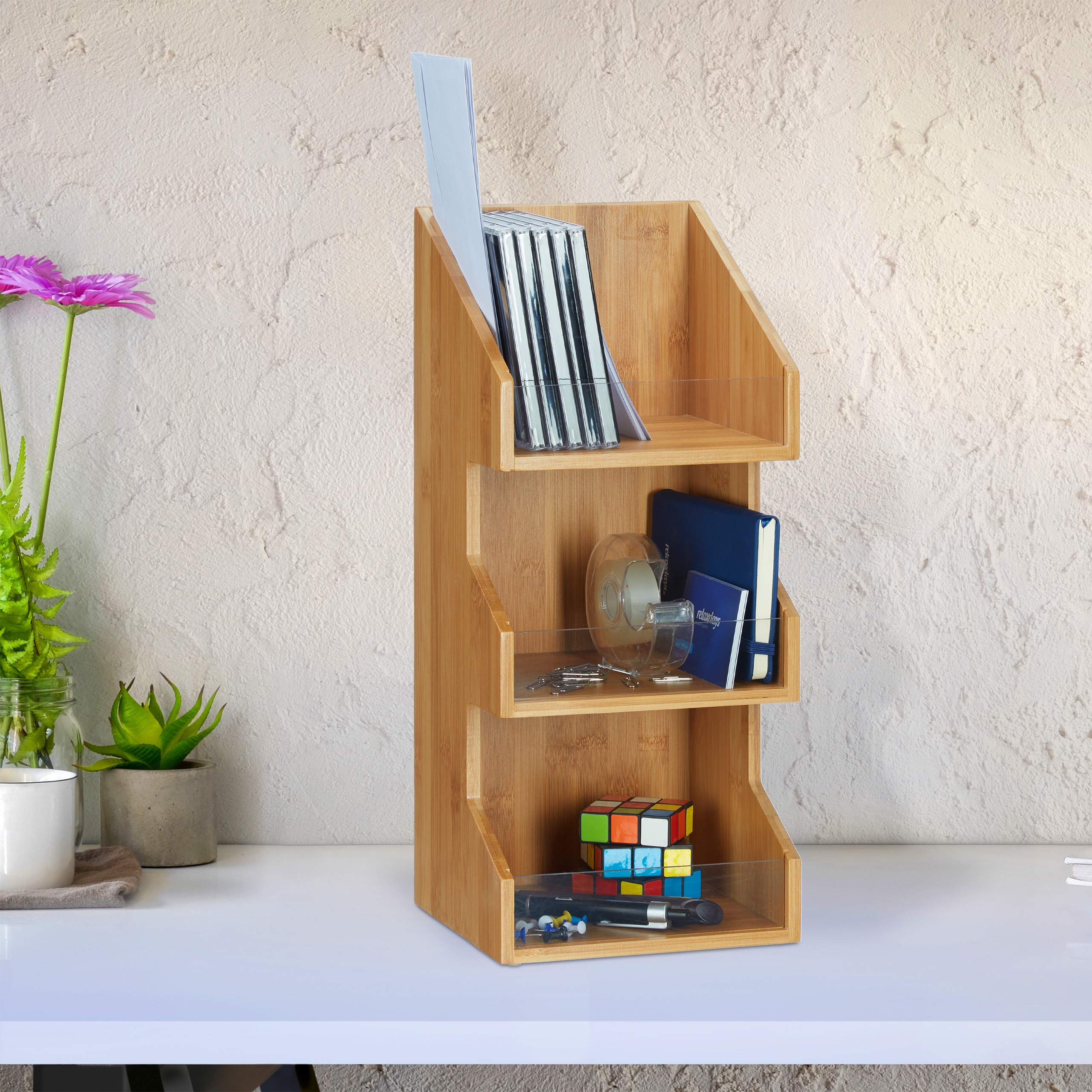 Relaxdays Organiseur en bambou 3 casiers compartiments bureau cuisine épices étagère boîte HxlxP: 41 x 18 x 17cm, nature