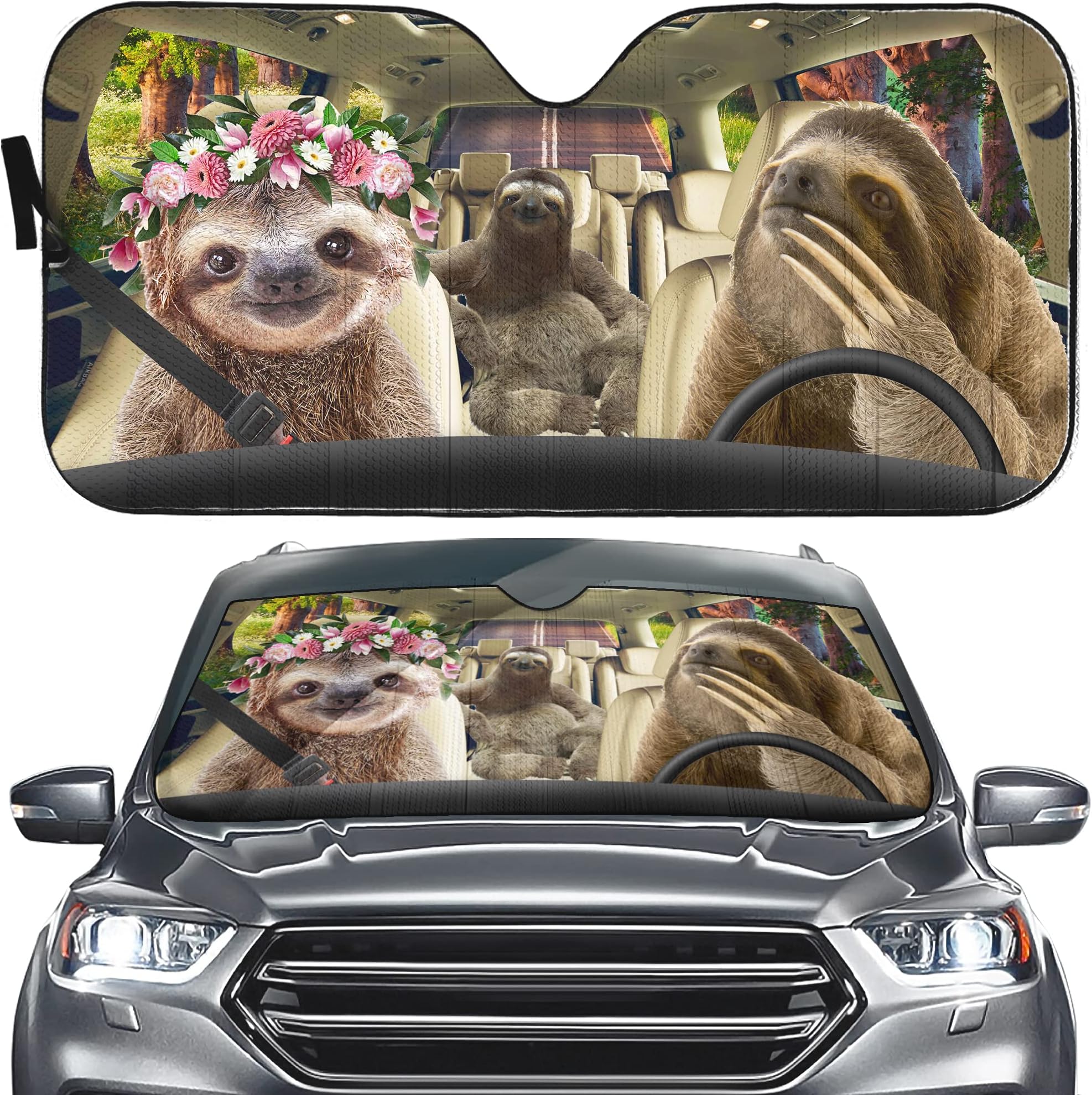 Funny Sloth Driver Front Windshield Shade, Cute Animal Window Sun Shades, Lazy Sloth Auto Sunshade for Car Truck, Blocks UV Rays, Sun Visor Protector