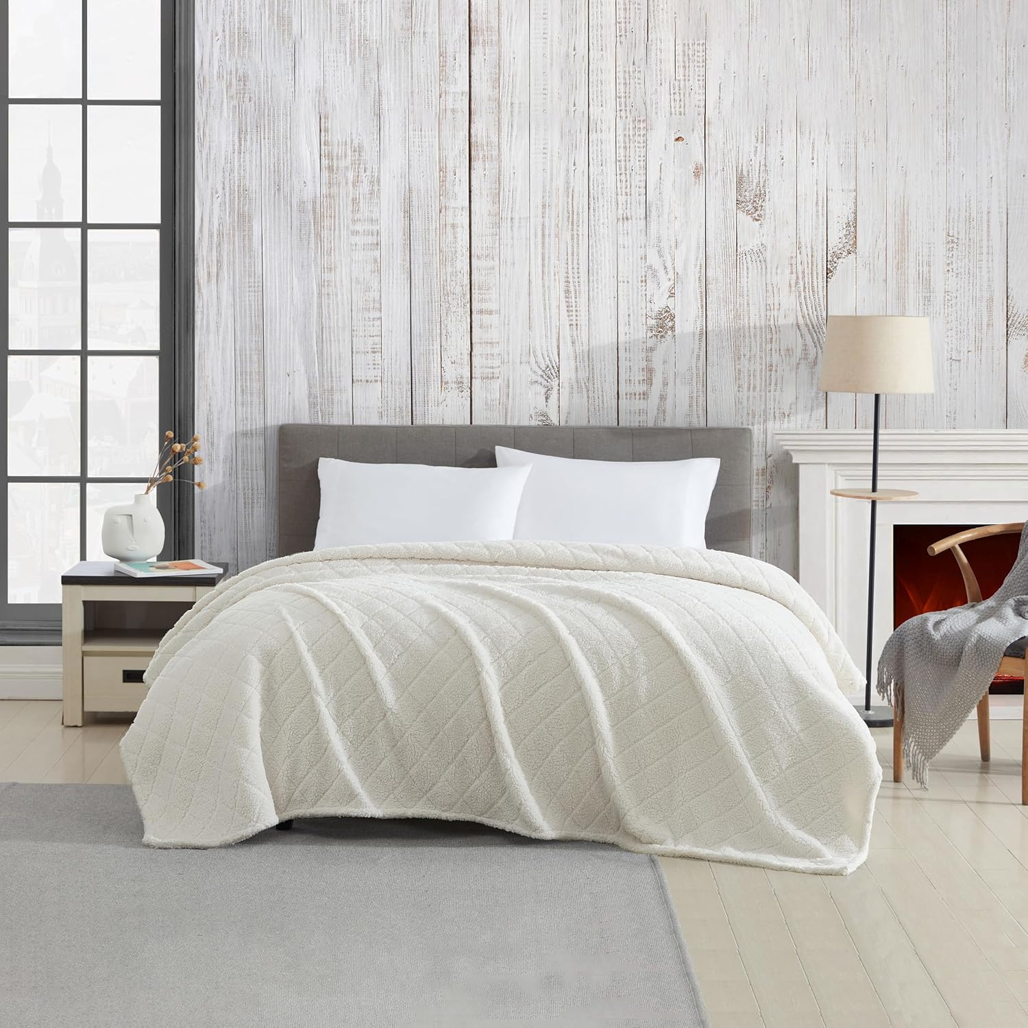 Cathay Home Coleman Oversize Diamond Quilted Teddy Sherpa Fleece Throw Blanket/Bedspread - Home, Sofa, Couch, Outdoor, Travel, Stadium, Sports, Camping, Hiking - Indigo, Full/Queen (90"x90")