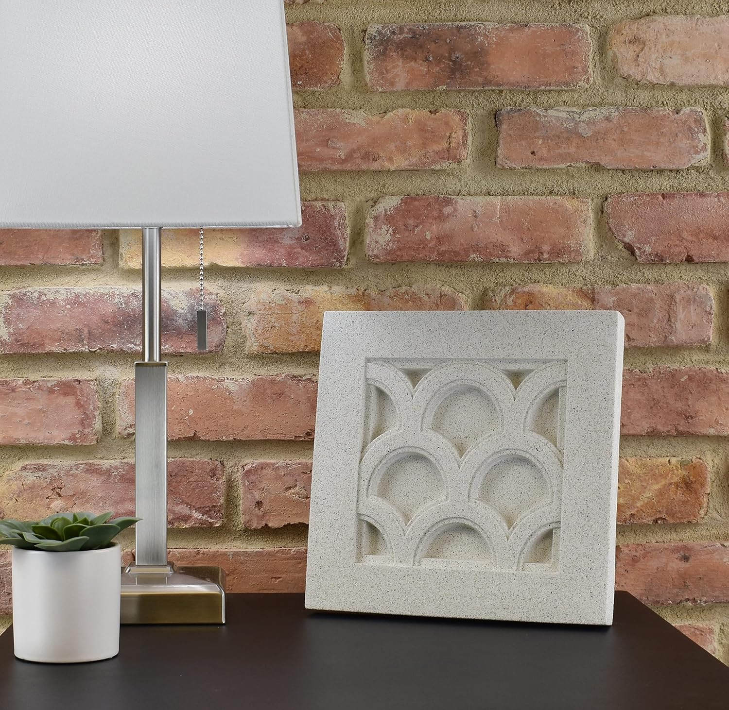 Sculpted Architectural Bas Relief 3D Tile Plaque Ornament, Solid Cast Stone, Barrel Diaper Design, 9.5"x9.5" for Wall Hanging or Tabletop Display (Grey with Keyhole)