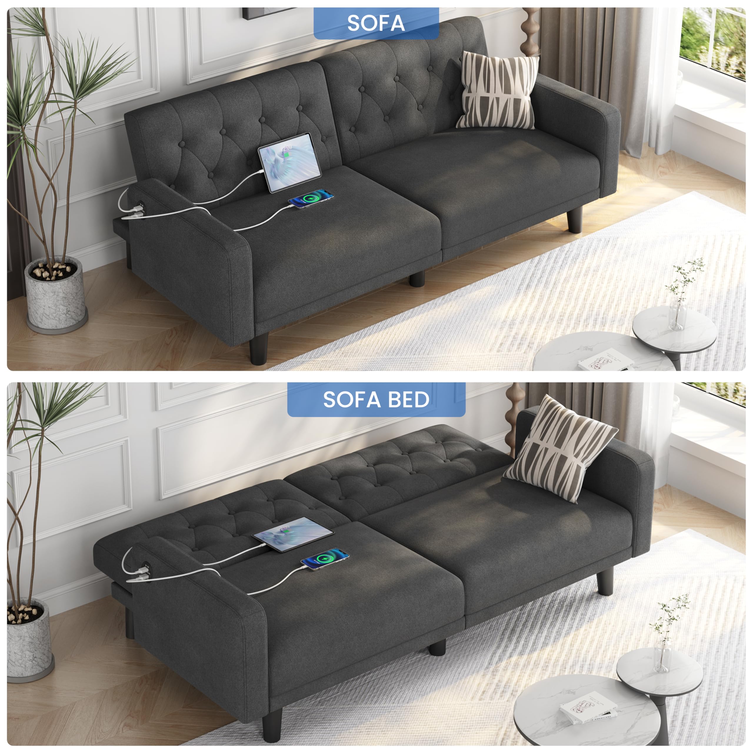 Yaheetech 63" Small Futon Sofa Bed, Convertible Couch with USB, Dark Gray | Loveseat, Compact Sofa Couch Fabric Reclining Futon Features 3 Angles, Removable Armrest for Apartment, Office, Living Room