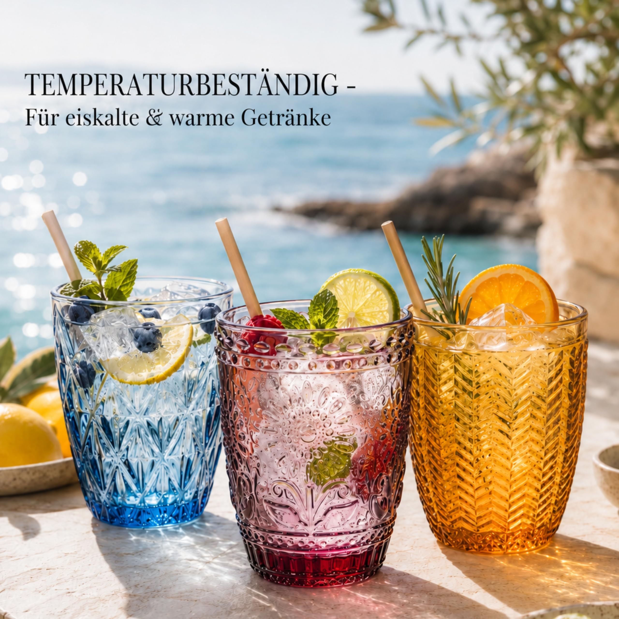 Sänger Trinkgläser Set Porto 6 teiliges Gläser Set für 6 Personen aus Glas, Wasserglas, Mehrfarbig, einzigartiger Schliff, Alltag, Familienessen, Büro, Outdoor Saftgläser Set | 310 ml
