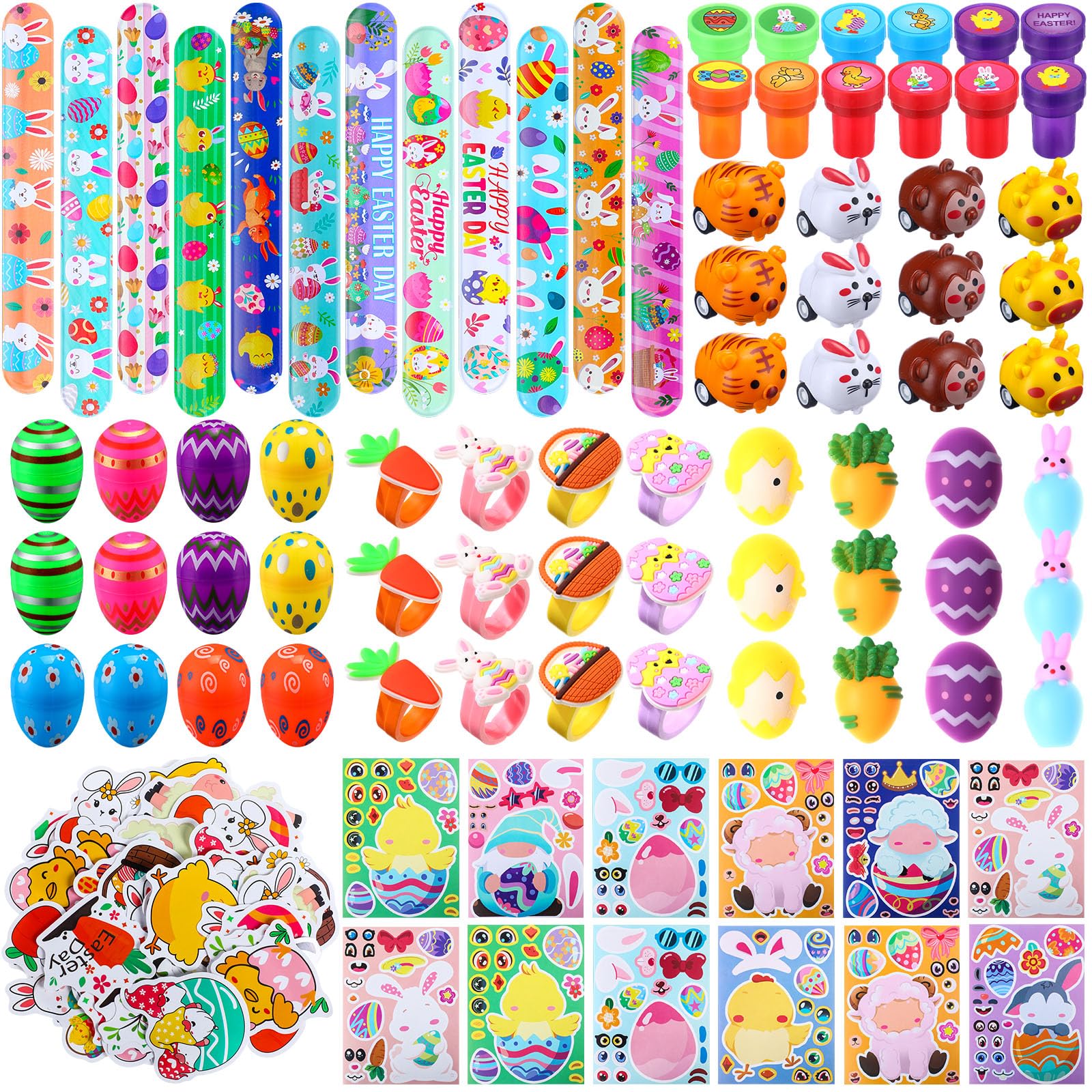 Simgoing 134 Pcs Easter Party Favors Bulk Easter Egg Fillers with Slap Bracelets Stampers Rings Make Your Own Stickers Easter Basket Stuffers for