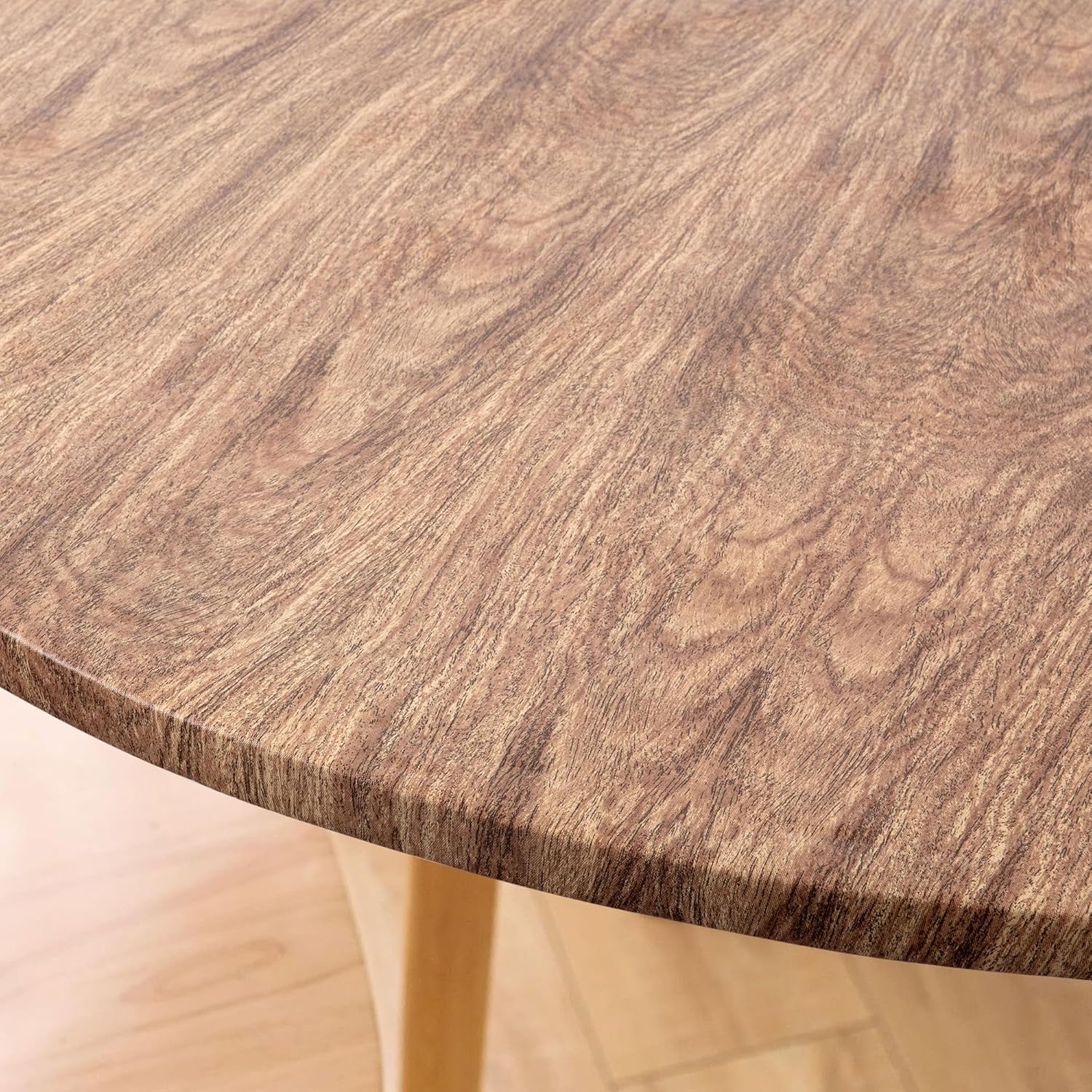 Round Table Cover with Elastic Edge, Wood Grain Pattern Fitted Tablecloth, Waterproof Table Protector, Brown (48 Inch,F-1432 Deep Wood Grain)